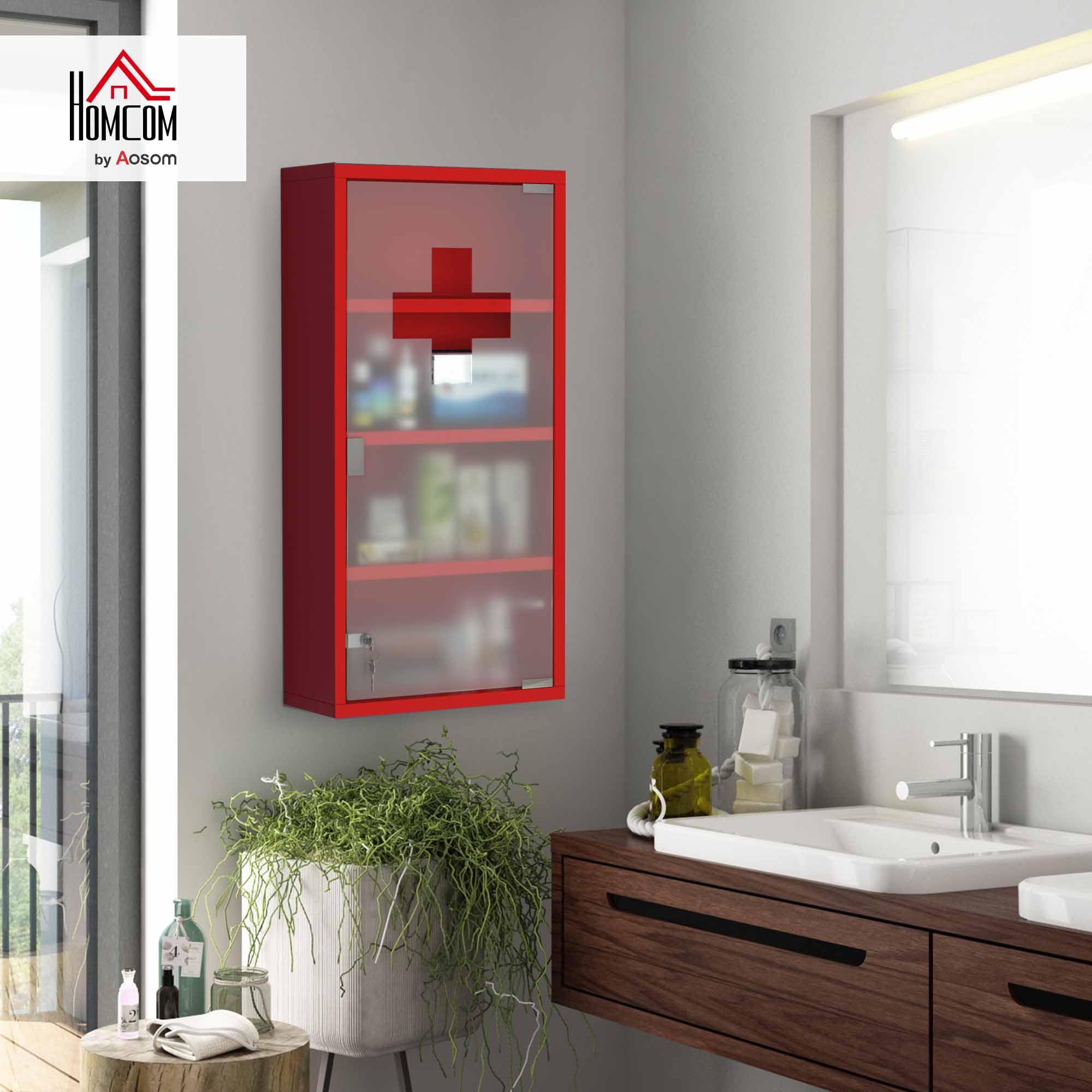 HOMCOM Medizinschrank aus Stahl Arzneischrank zur Medikamenten-Aufbewahrung, Abschließbar Apothekerschrank mit 4 Fächer, Glastür, 60 x 30 x 12 cm, Rot