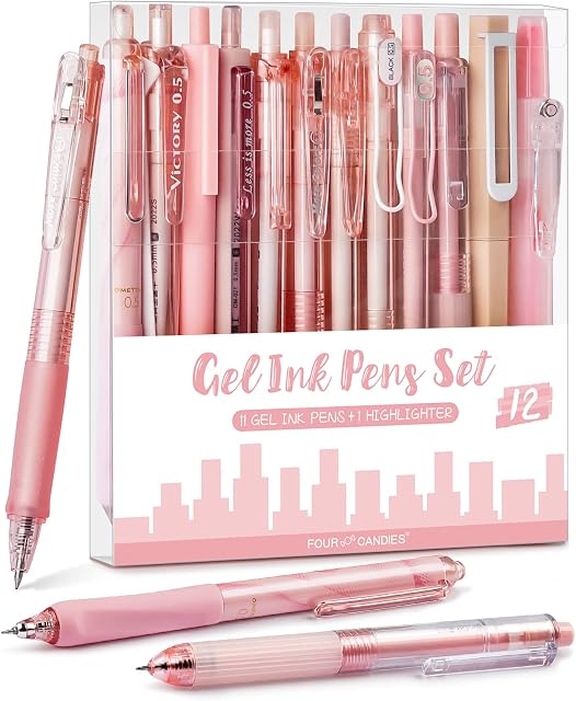 Four Candies Gel Pens, Cute Writing Pens with 0.5mm Fine Point, Black & Pink Ink Pen with Highlighter for Journaling Note Taking, Aesthetic School Office Supplies Japanese Stationery, Set of 12 - Rose | Back to School Supplies, Office Essentials for