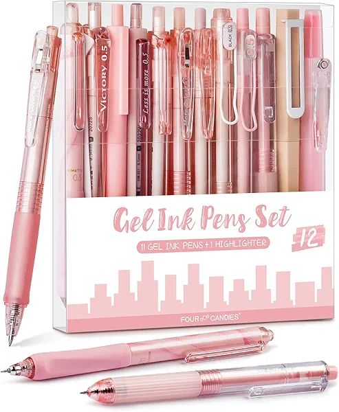Four Candies Rose Series Gel Pens, Cute Writing Pens with Black & Pink Ink, 0.5 mm Smooth Fine Point, Back to School Office Supplies Girly Stationery Aesthetic Desk Accessories for Women, Set of 12