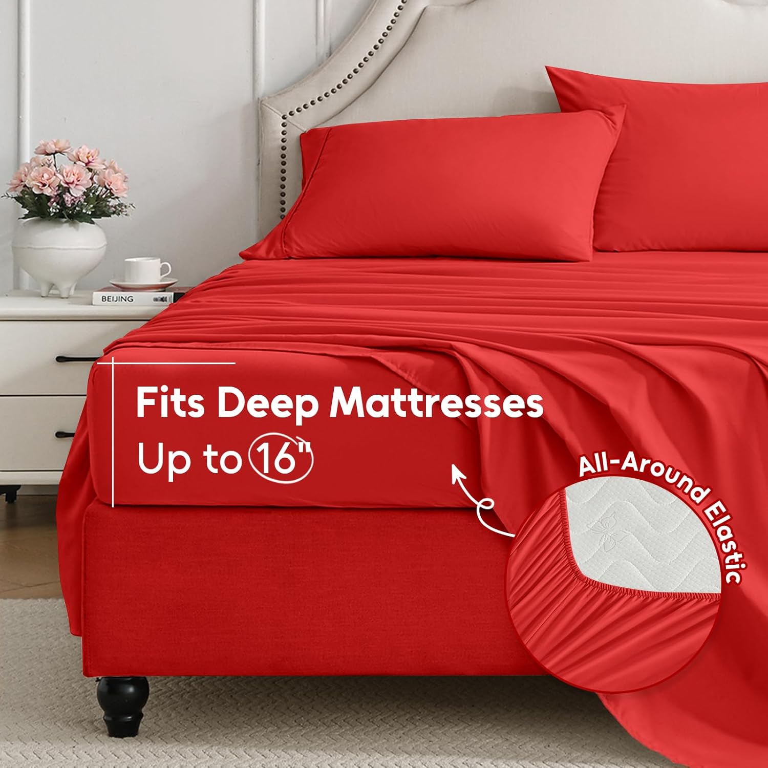 Queen Sheet Set, 4 Pieces Hotel Luxury Soft Microfiber Queen Bed Sheets Set, Up to 16" Deep Pockets, Oeko-Tex Sheets with Elastic, Breathable, Wrinkle Free (Red, Queen)