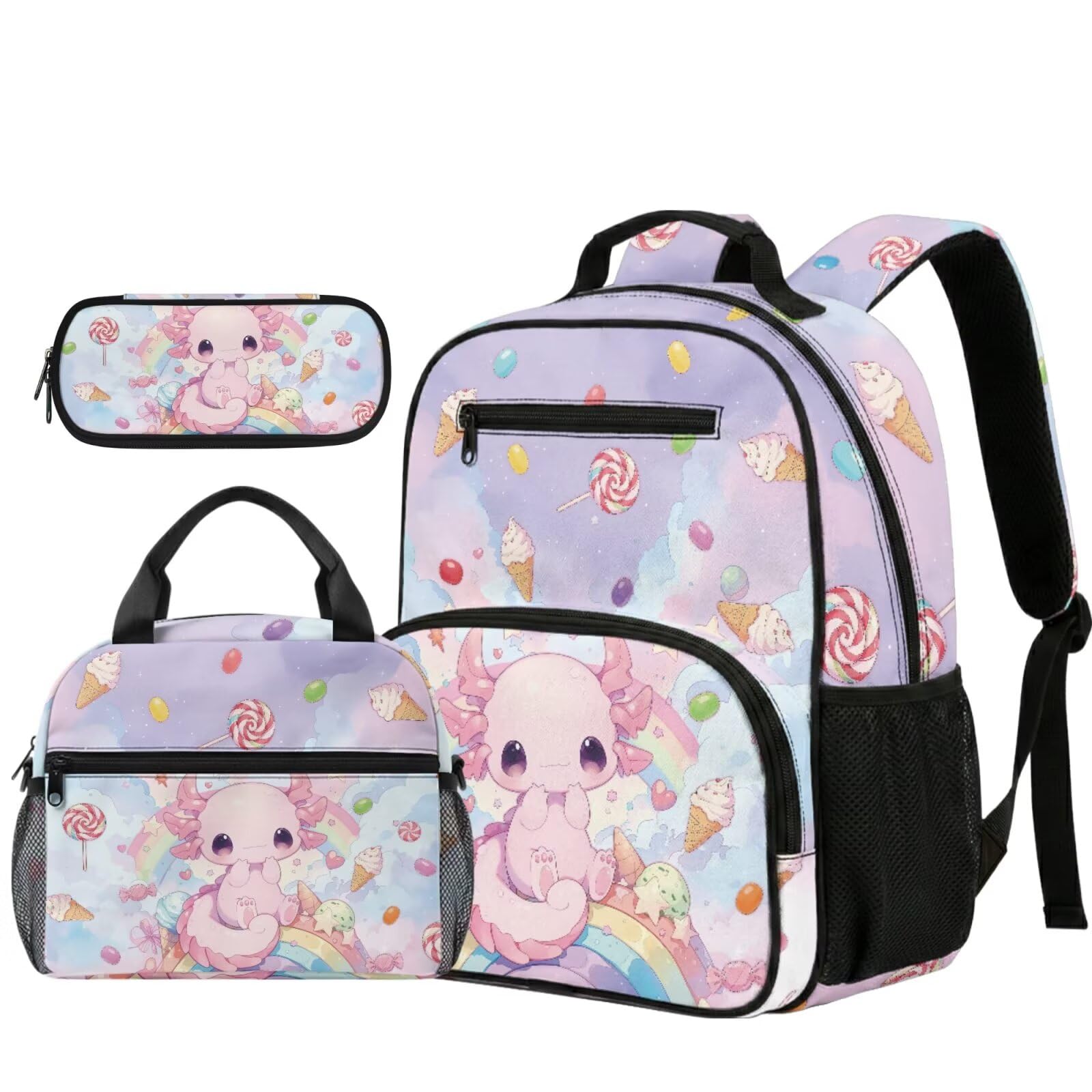 Uroczy plecak kawaii do szkoły, 3 sztuki, dziewczęcy plecak i pudełko na lunch, przedszkole przedszkole torba na książki dla dzieci, Słodycze Rainbow Axolotl, S, Klasyczny