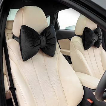 Macarrie 2 Pcs Car Neck Pillow Velvet Bow Headrest Pillow,Solid,Black