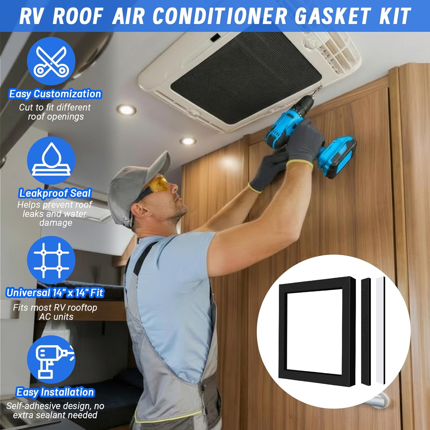 Convivium 14" x 14" Universal RV Roof Air Conditioner Gasket, Self-Adhesive Closed-Cell EPDM Foam Seal, Leak-Proof Compression RV AC Gasket for Camper Roof, Easy Install, Clean Removal，2 Packs