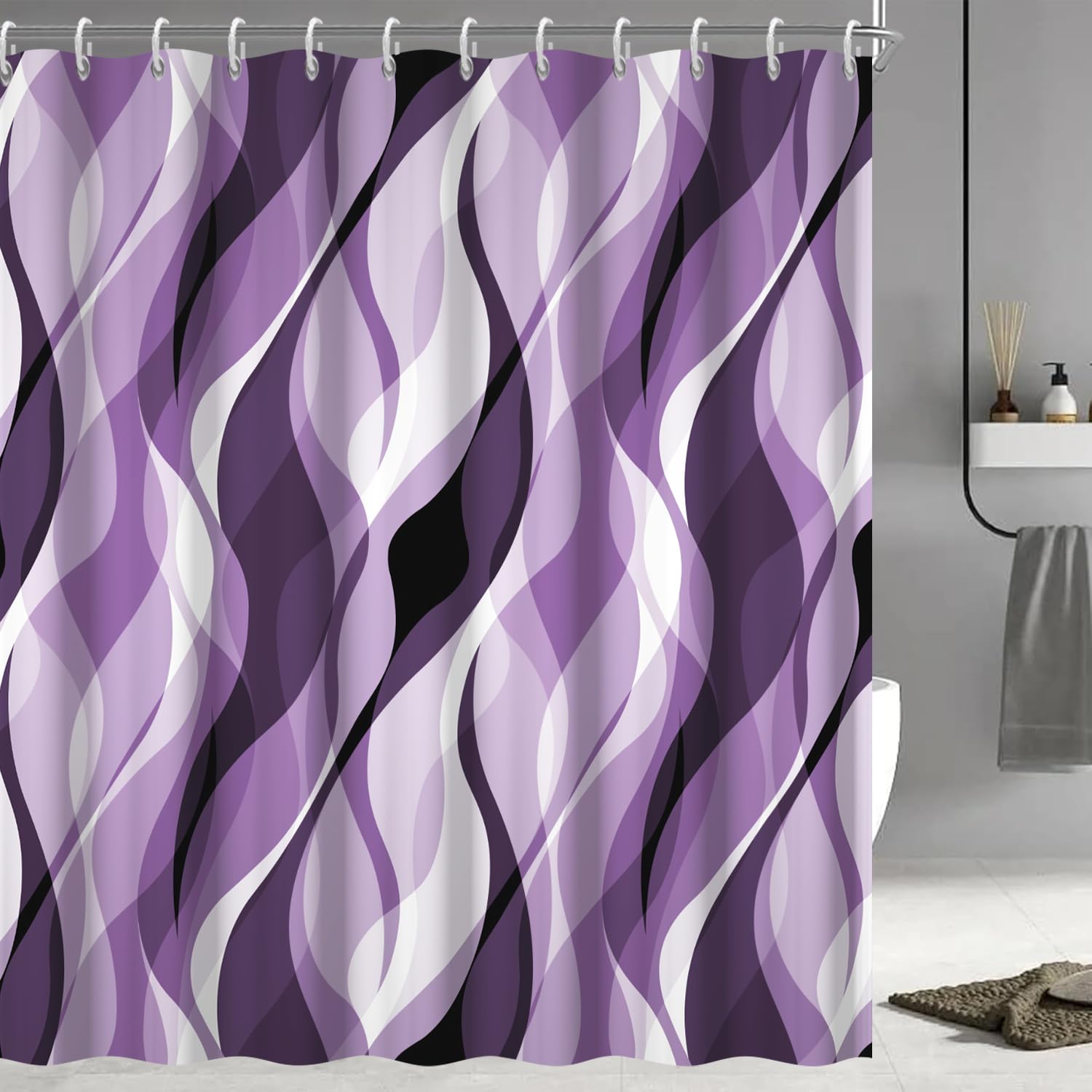 Purple Shower Curtain, Modern Abstract Purple and Grey Striped Shower Curtain for Bathroom Waterproof Lavender Shower Curtain Set with Hooks, 72x72 Inch