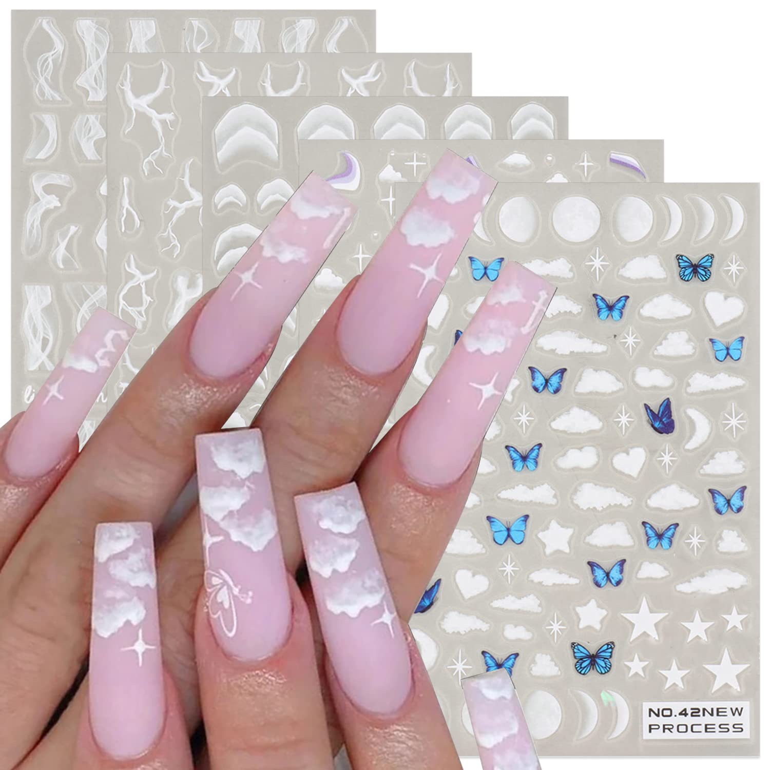 SILPECWEE 7 Sheets 5D Cloud Nail Stickers for Women, Girls & Kids - French Stripe, Star, Butterfly, Marble Nail Art Stickers - White Nail Decals -