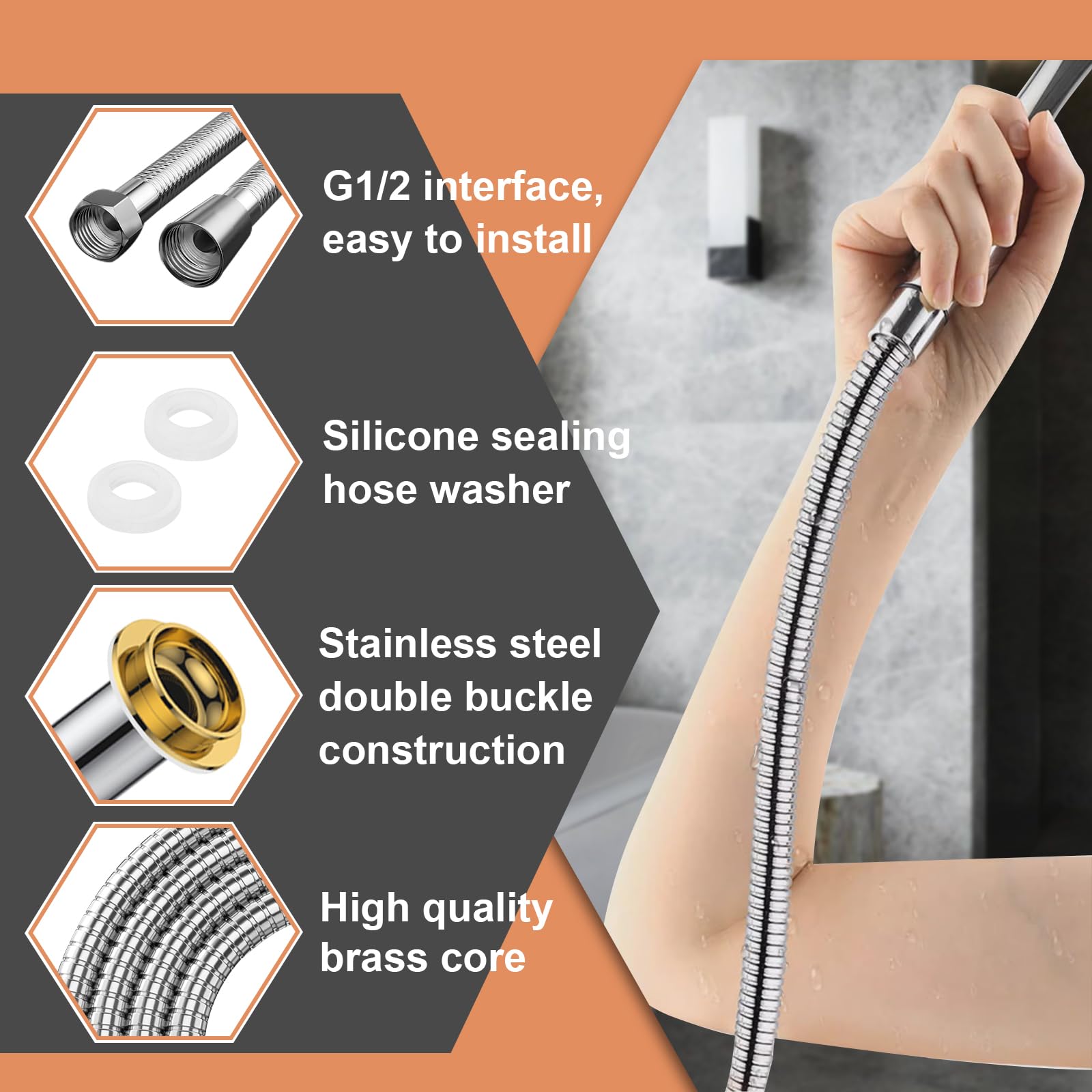 Flessibile per Doccia in Acciaio Inossidabile 1.5m (G1/2”) - Tubo Anti-Torsione, Anti-Esplosione e Resistente alle Alte Temperature, Colore Cromo/Argento