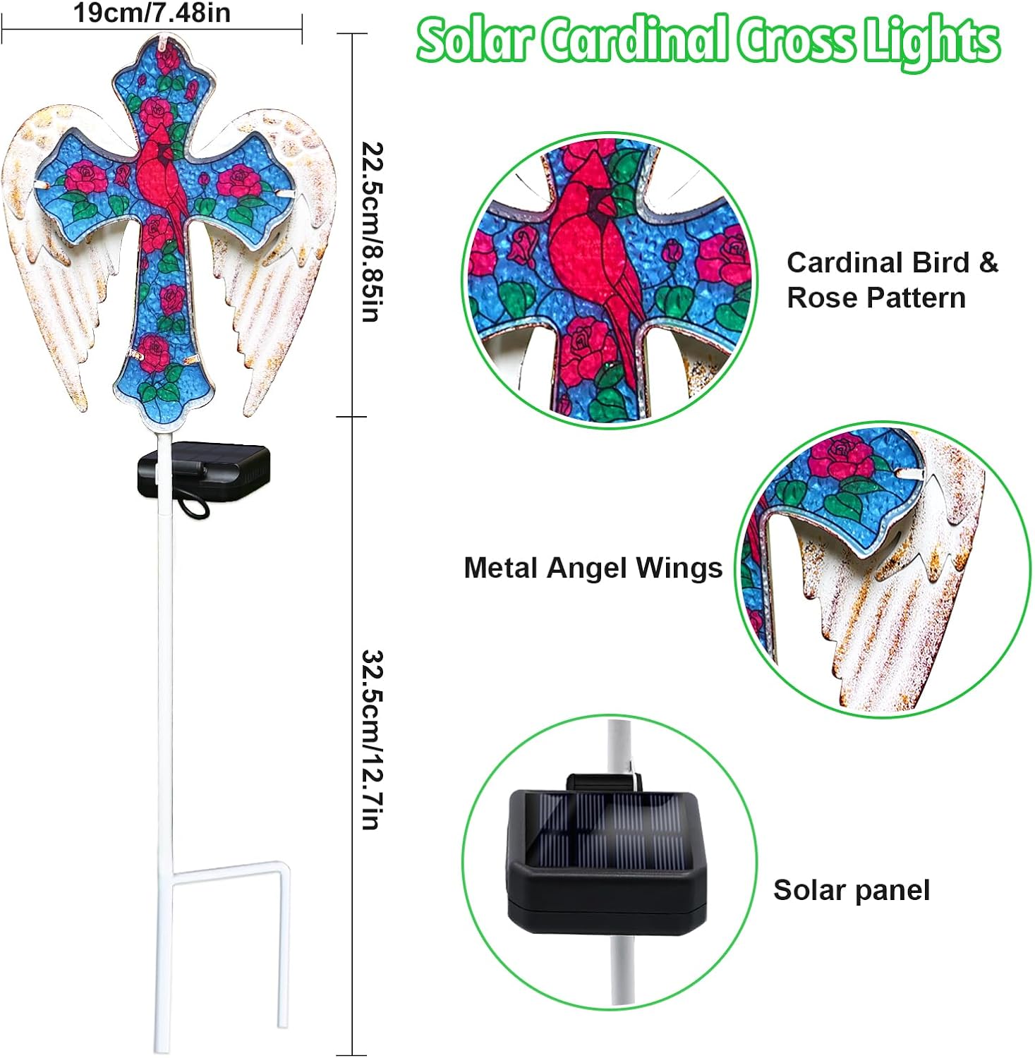 Solar Cross Lights Outdoor, Solar Cardinal Stake Lights Cemetery Decorations for Grave, Jesus Cross Sympathy Memorial Gifts for Women Mom Christmas, Glass Garden Art for Cemetery Yard Patio