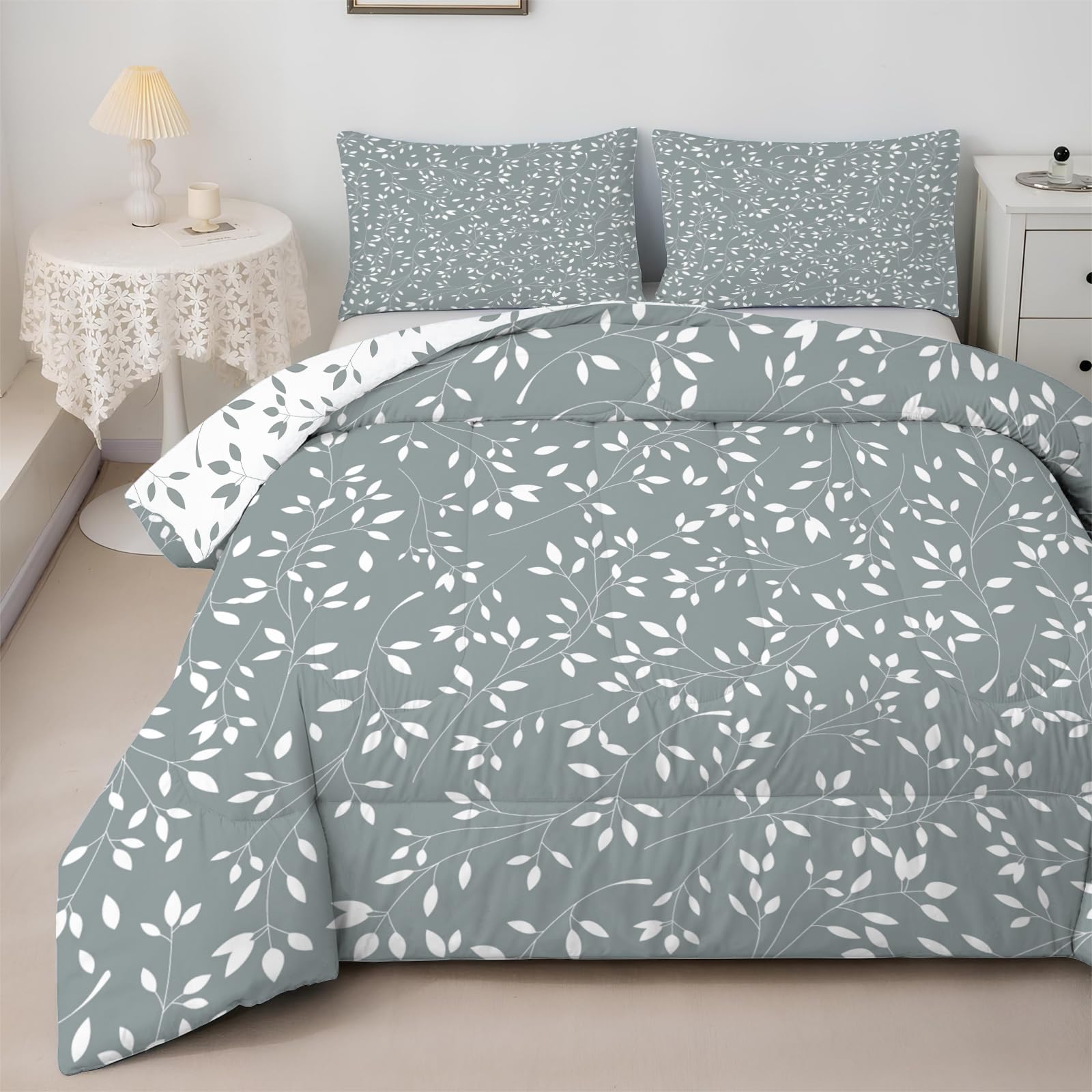 Couette 240x260 Fleurs - Imprimée Branches Flora Réversible 4 Saisons 2 Pers., Edredon Plante 2 Taies 65x65