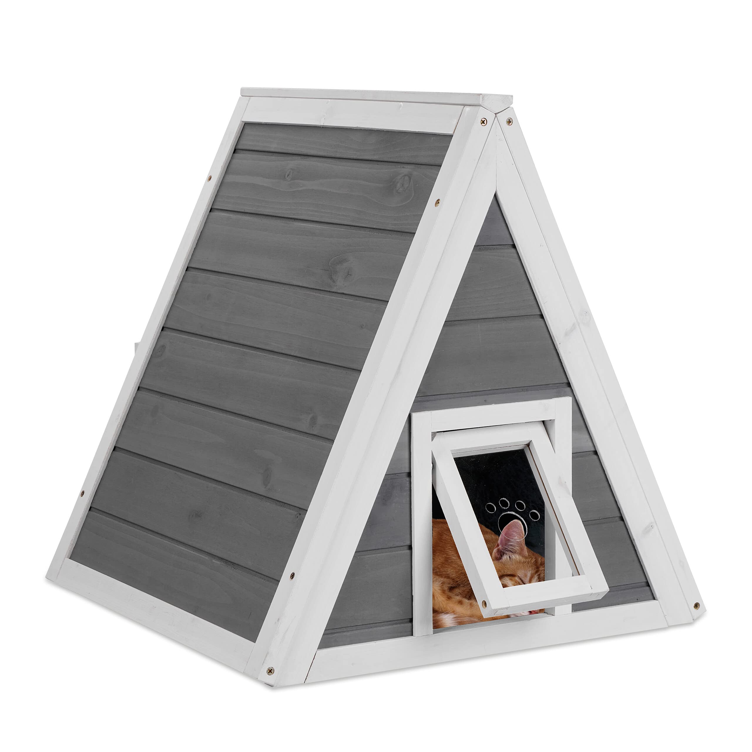 Relaxdays Casa Gatos, Casita Mascotas Madera, para Exterior, 54 x 52 x 64 cm, 2 Entradas, Techo Puntiagudo, Gris/Blanco