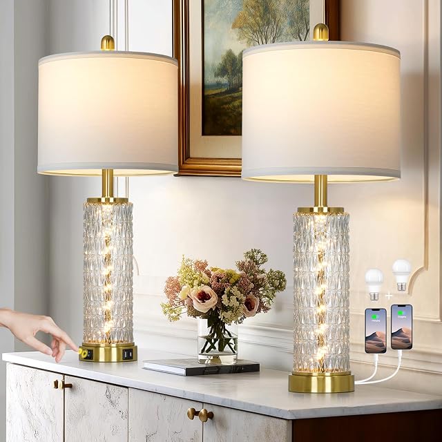 28" Gold Glass Table Lamps Set of 2, Gold Modern Bedside Lamp with LED Night Light, USB A+C, Glass Lamps for Living Room, Bedroom, Nightstand, Office, End Table (2 Bulbs Included)
