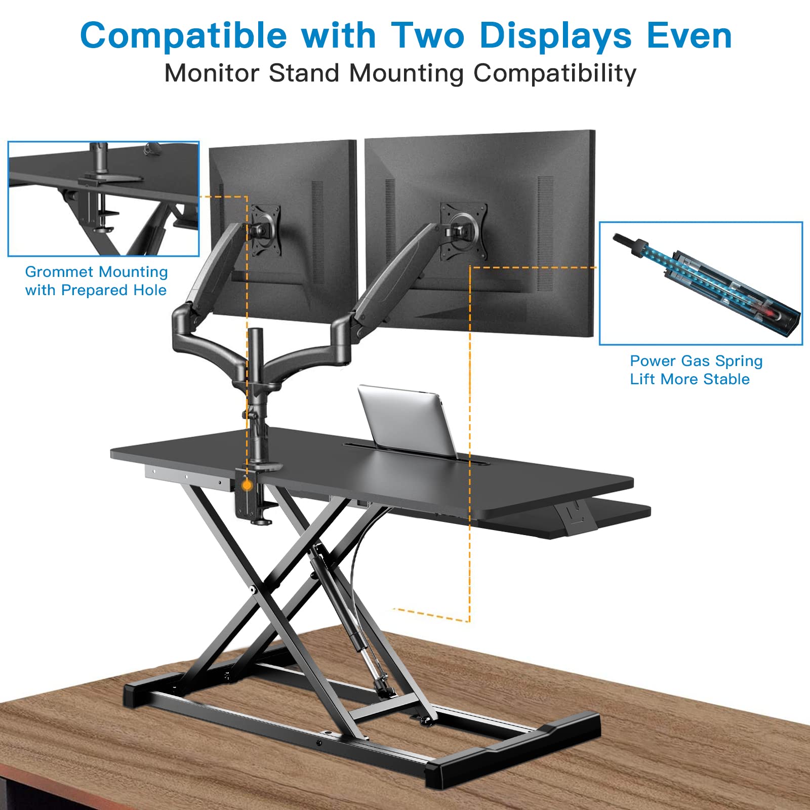 Quick Sit to Stand Desktop Gas Spring Riser (Max Height:19.3inch), 35 inch Height Adjustable Standing Desk Converter for Dual Computer Monitors & Laptop Workstation, Perfect Home Office by HUANUO