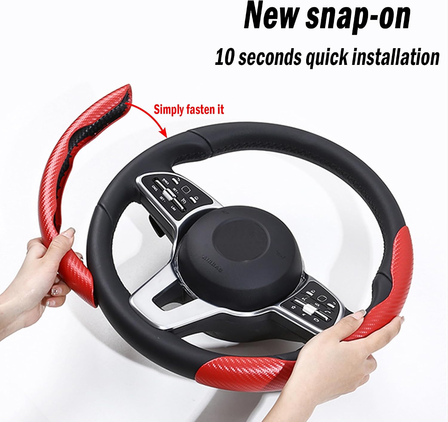 Carbon Fiber Steering Wheel Cover, 2-Piece Set Anti-Skid Comfortable Grip Segmented Butterfly Design, Easy Snap-On Installation Universal Fit 99% Cars, Red