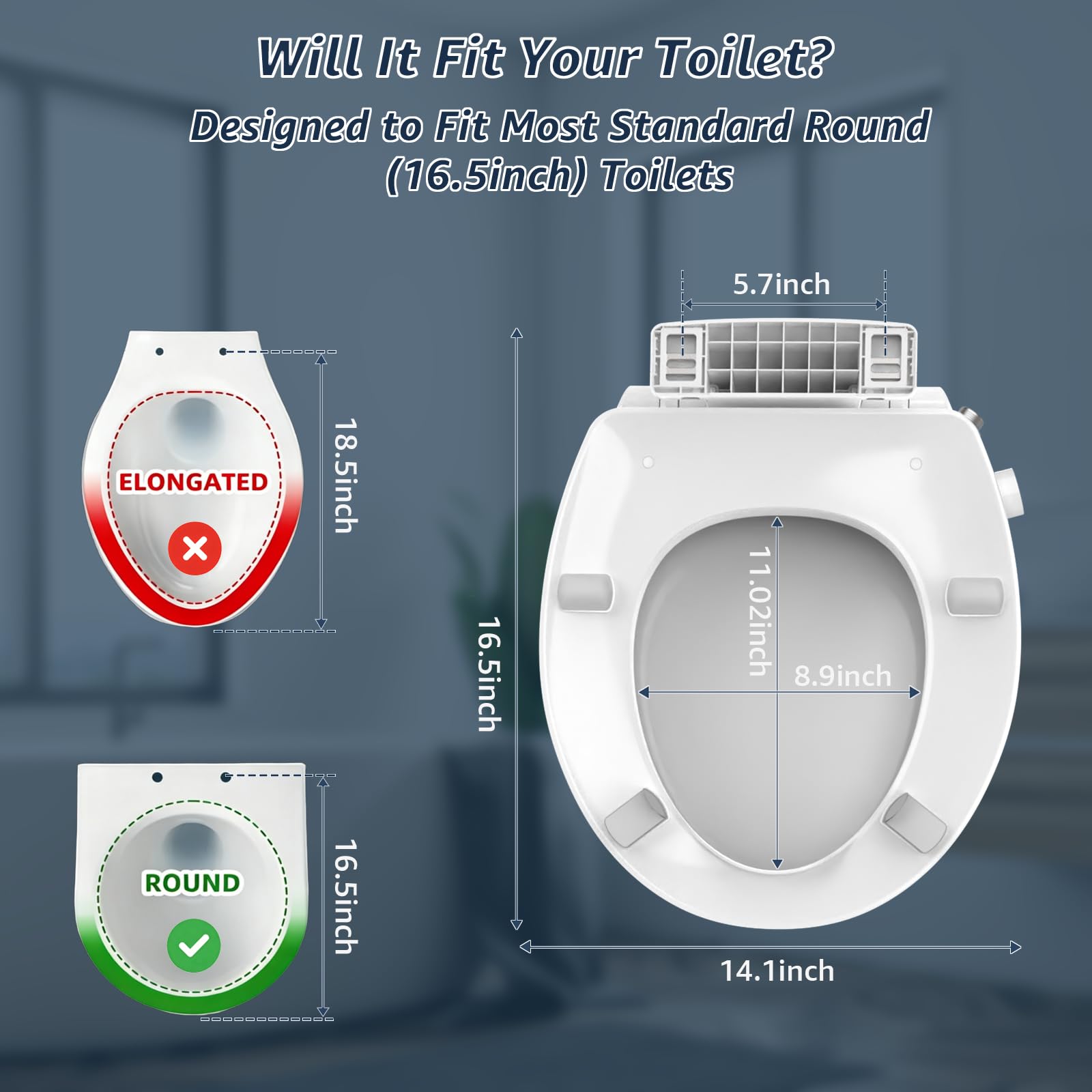 Huttdmel Sedile WC rotondo rialzato per bidet per anziani, alzata da 7,1 cm, chiusura ammortizzata, sgancio rapido, antiscivolo, non elettrico, lavaggio anteriore e posteriore per anziani, disabili e