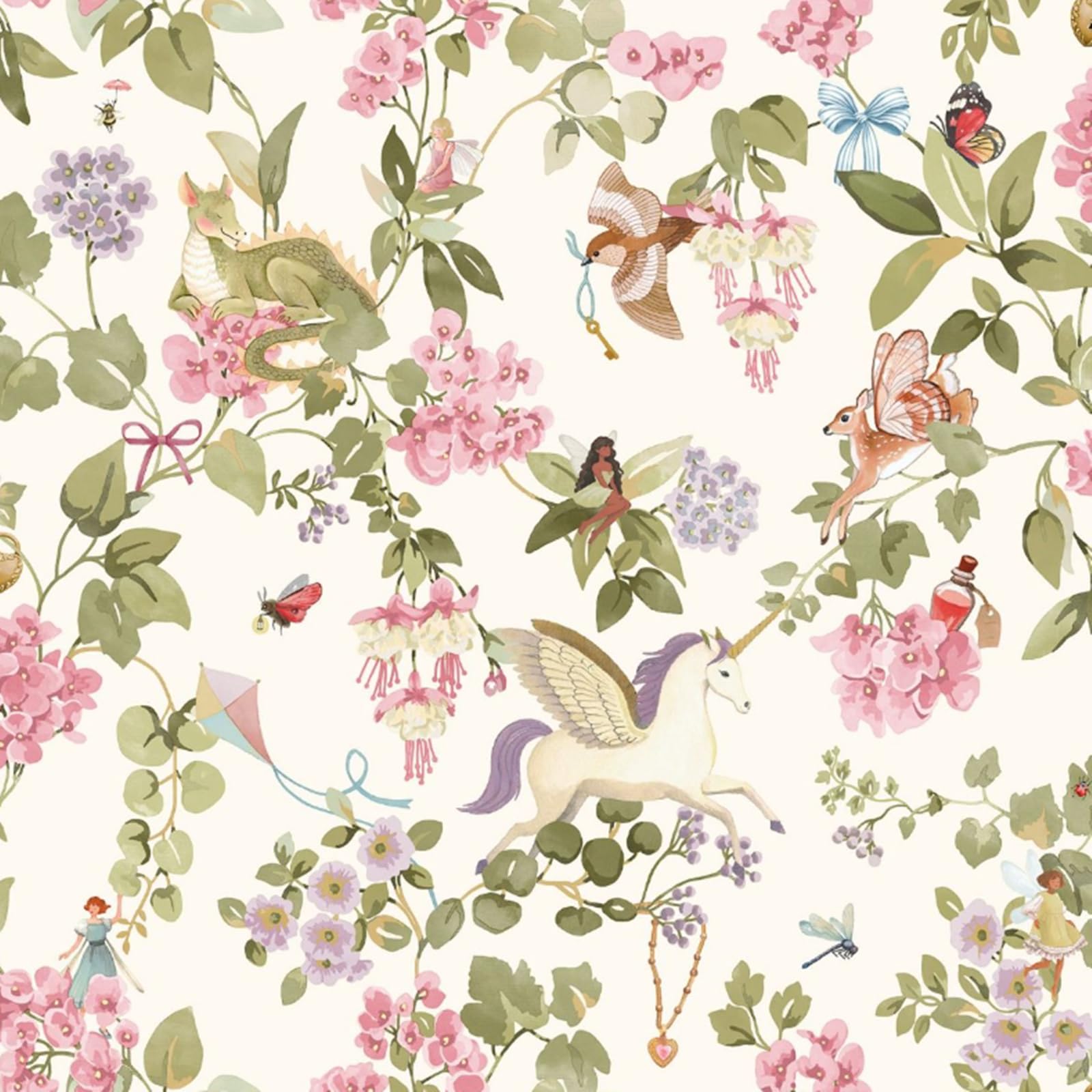 Sophie Laurence Girls Cream Multi Kids Fairies Cream Wallpaper Multi Unicorns Dragons Floral Birds Bedroom