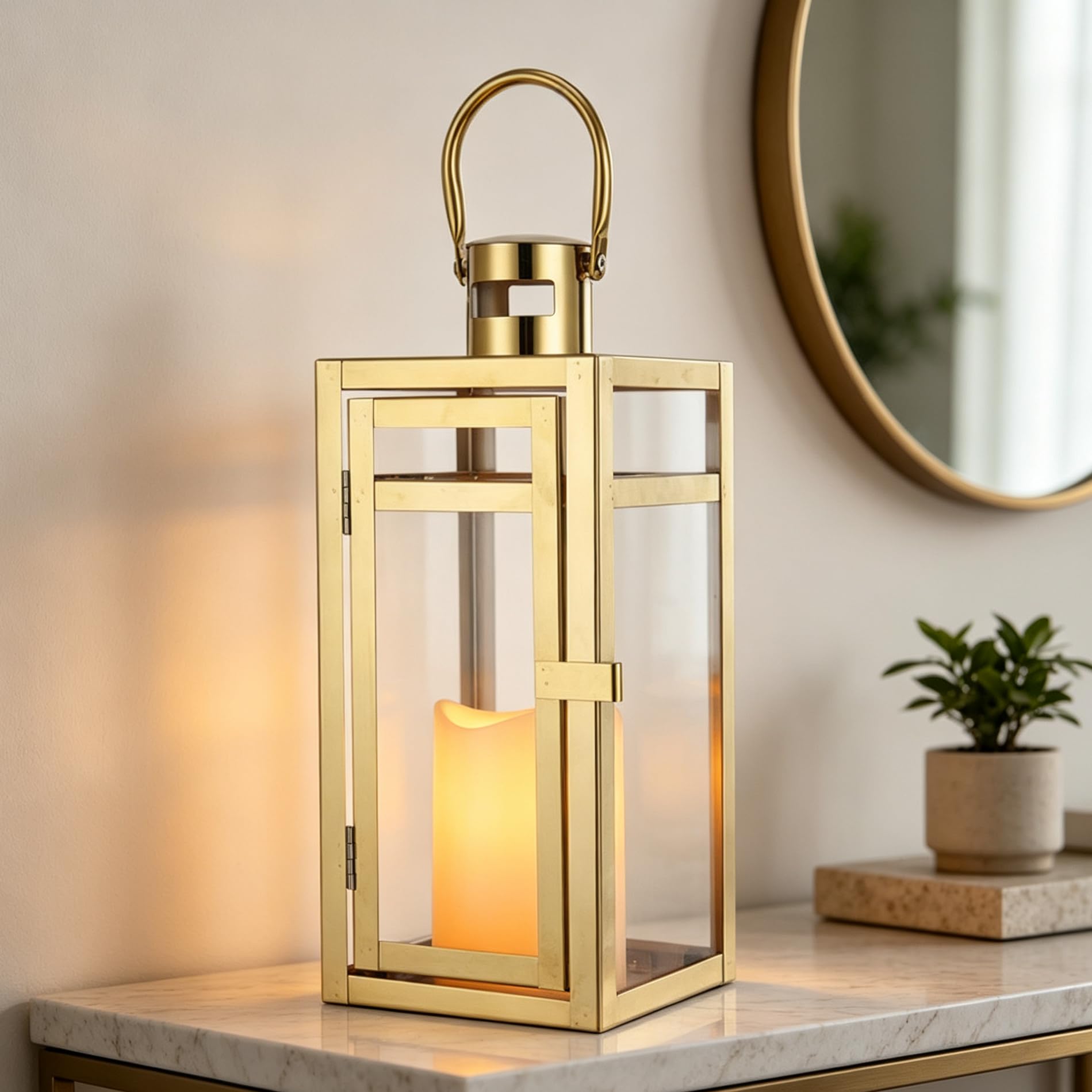 TRIROCKS Lot de 2 lanternes décoratives en acier inoxydable de 30,5 cm de haut en métal avec panneaux trempés pour décoration d'intérieur, salon, fêtes, événements, table, intérieur et extérieur (doré