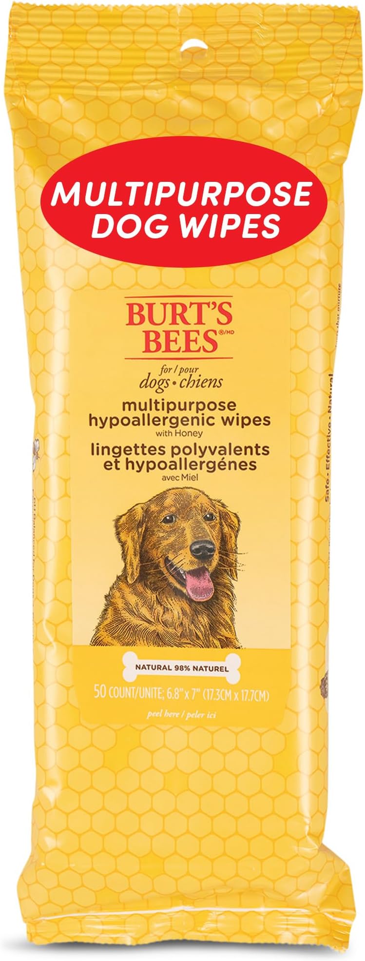 Burt's Bees for Pets Honey Multipurpose Dog Grooming Wipes, Gentle Hypoallergenic Spot Cleaning Sheets, pH Balanced Natural Origin Formula for Paws, Face and Butt, 50 Count