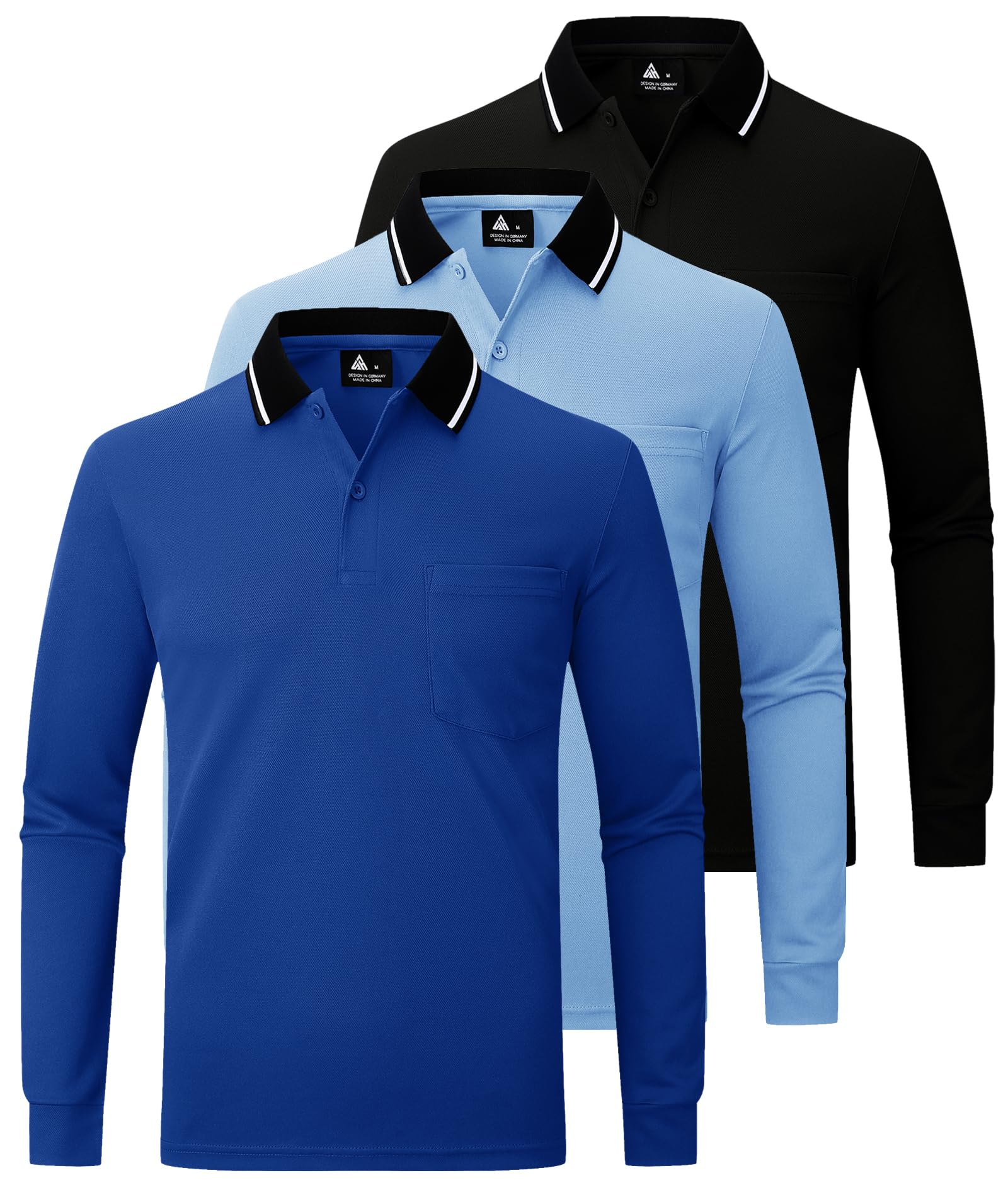JACKETOWN Lot de 3 Polo pour Homme à Manches Longues Polo de Golf Travail avec Boutons Polos Chemise Respirants Décontractés T Shirts à Poche