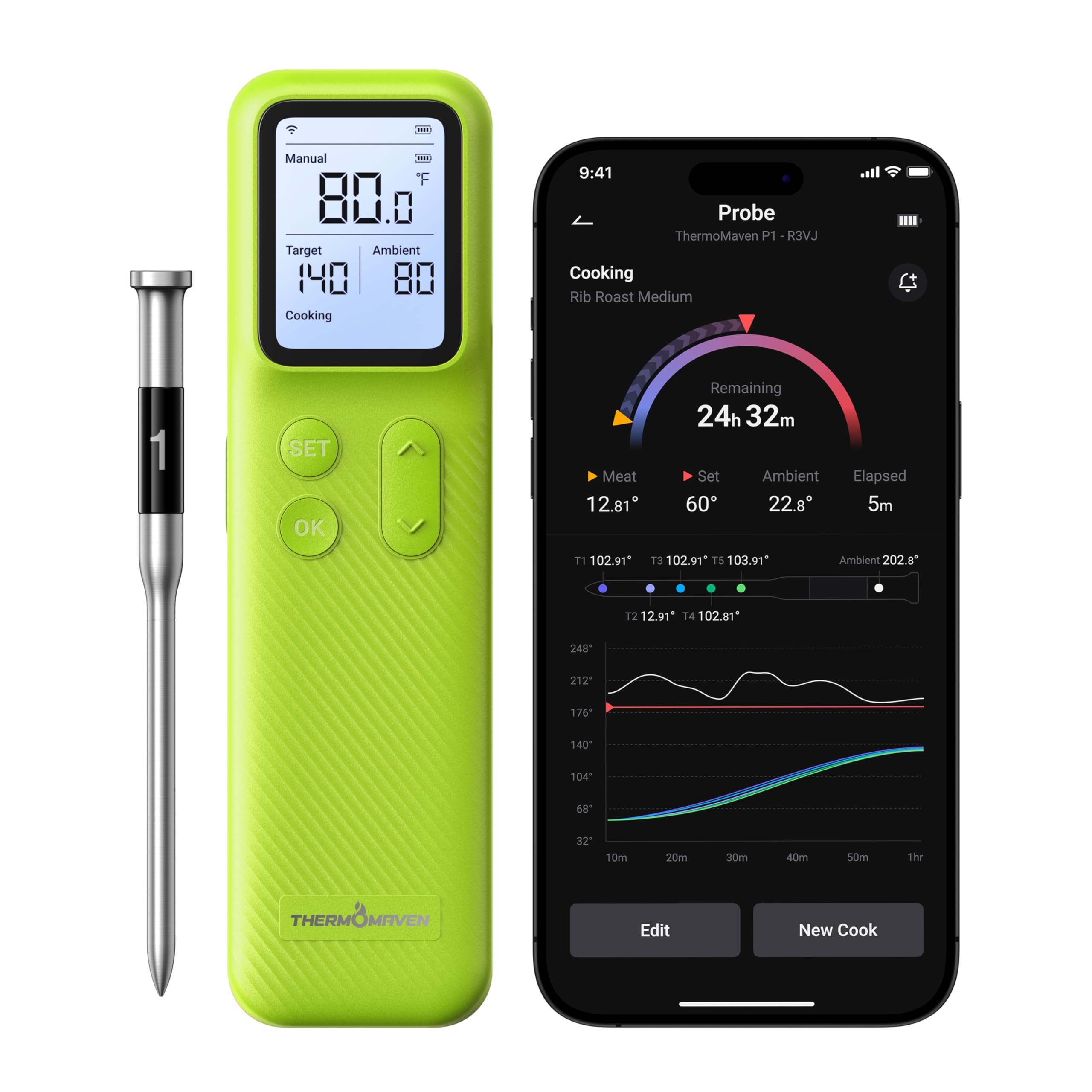 ThermoMaven Smartes Bluetooth Fleischthermometer Kabellos, Basisstation, WLAN Unbegrenzte Reichweite, NIST-zertifizierte Genauigkeit, App Warnungen, Für Grill, Ofen, Smoker, BBQ (Frisches Grün)
