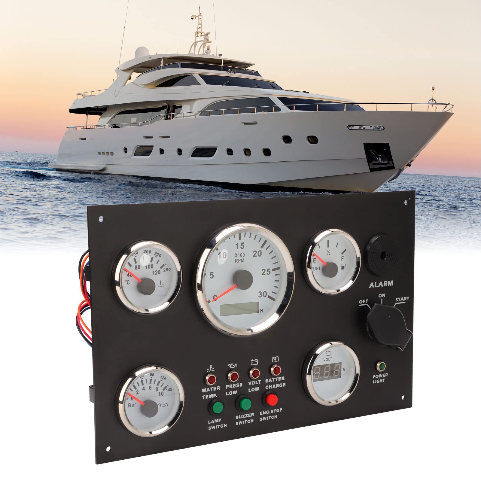Panel de Instrumentos del Barco, Panel de Instrumentos del Tablero del Motor con Velocidad del Motor, Nivel de Aceite, Presión, Temperatura del Agua, Pantalla de Voltaje con Retroiluminación(12V)