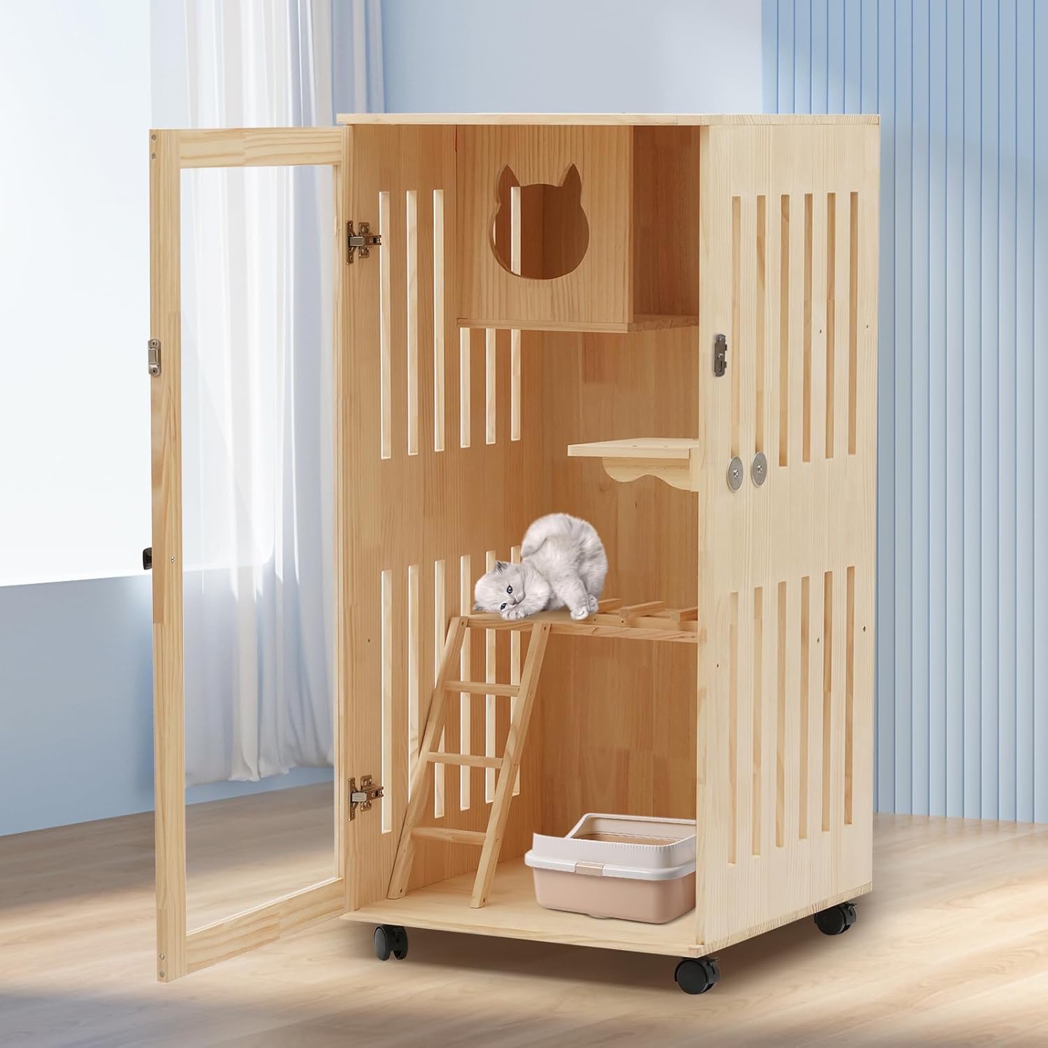 Large Wooden Cat House with LED Light, Multi-Feature Cats Cage Cat Condo with Scratching Post and Wheels, Catio Cat Enclosure Cat Shelter for Indoor and Outdoor(24 * 24 * 47In)