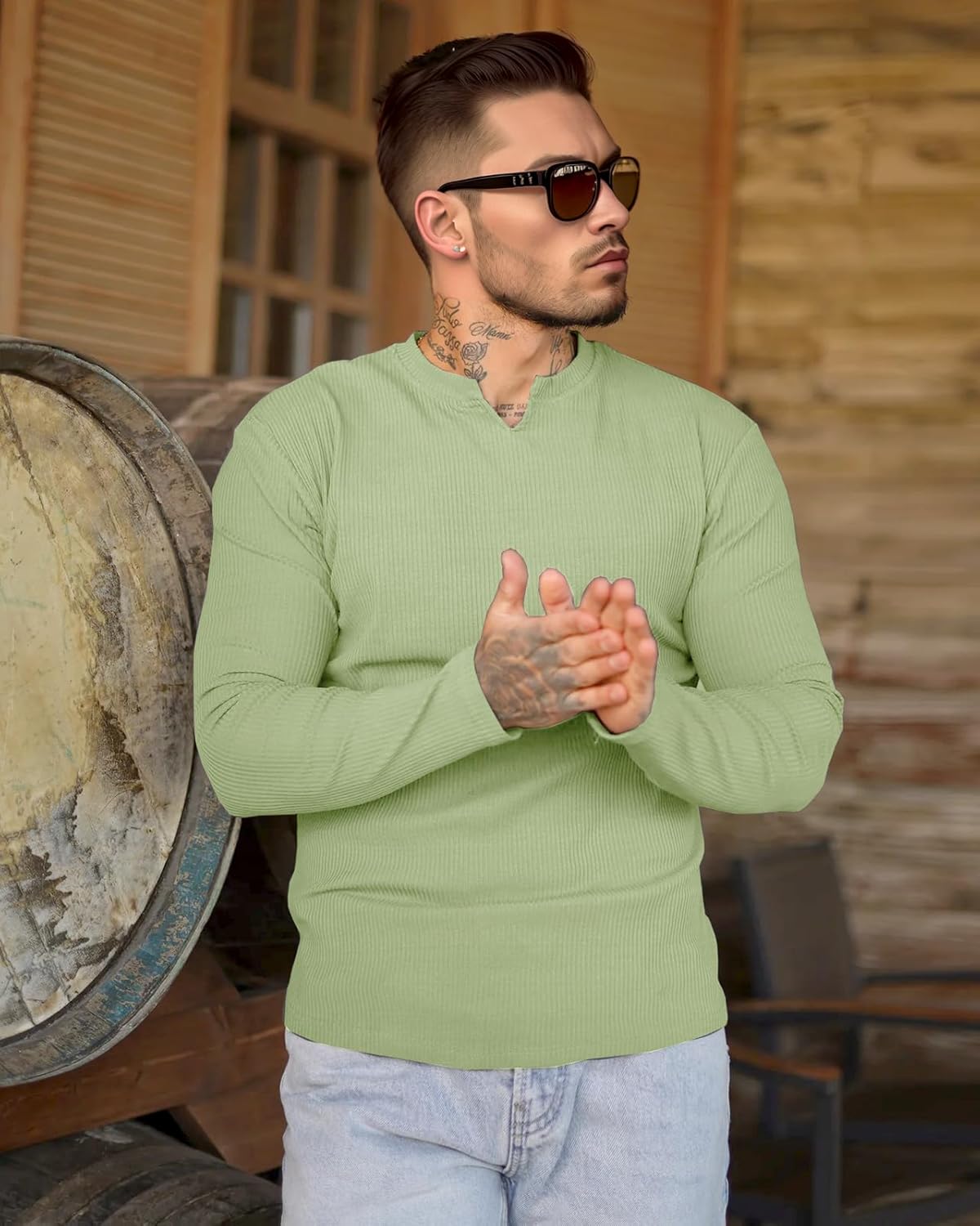 Lehamnlin Mens Base Layer Thermal Underwear Lightweight Long Sleeve Slim Fit V-Neck Tops - Image 3