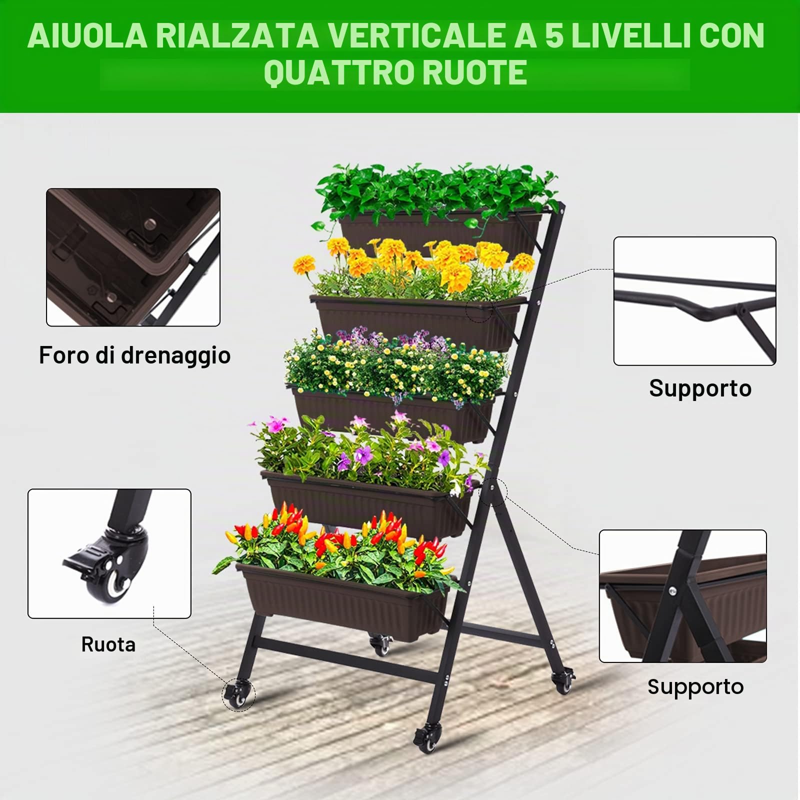 Taleco Gear, aiuola rialzata da giardino verticale, fioriera rialzata a 5 ripiani, per fiori e verdure, per esterni e interni, media