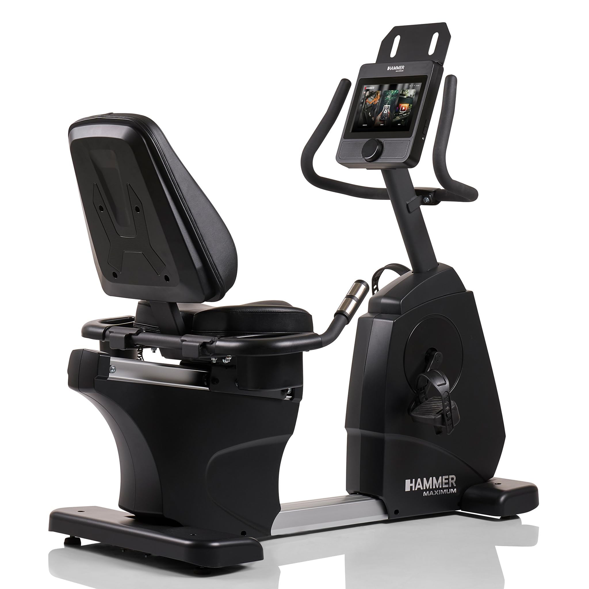 HAMMER Liegeergometer RB 8000 – Recumbent Bike elektrisch, TFT-Touchscreen, 17 Programme, 14 kg Schwungmasse, ergonomischer Sitz & Rückenlehne, Pulsmessung, gelenkschonendes Fitnessgerät