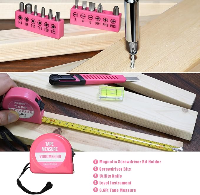 Kit de Herramientas ZUZUAN 25 Piezas Rosa para Hogar y DIY miniatura 5