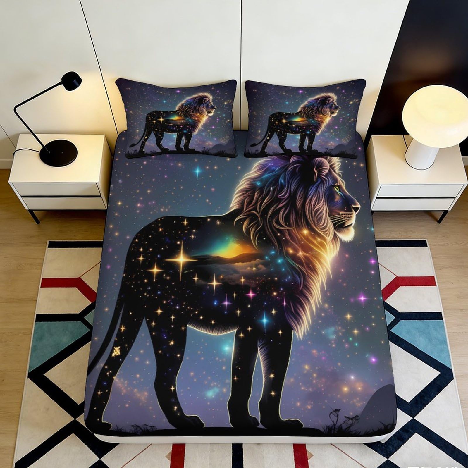 3D Printed Galaxy Starry Sky Fitted Sheet Microfiber Soft Lion Cosmic Nebula Mattress Cover for Bedroom Dorm Decor 90x200x25cm