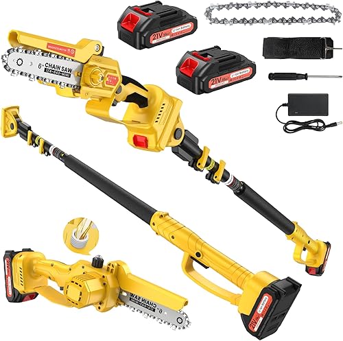 Sierras de poste eléctricas 2 en 1 para recortar árboles, mini motosierra inalámbrica de 6 pulgadas con poste de extensión, sierra de cadena de