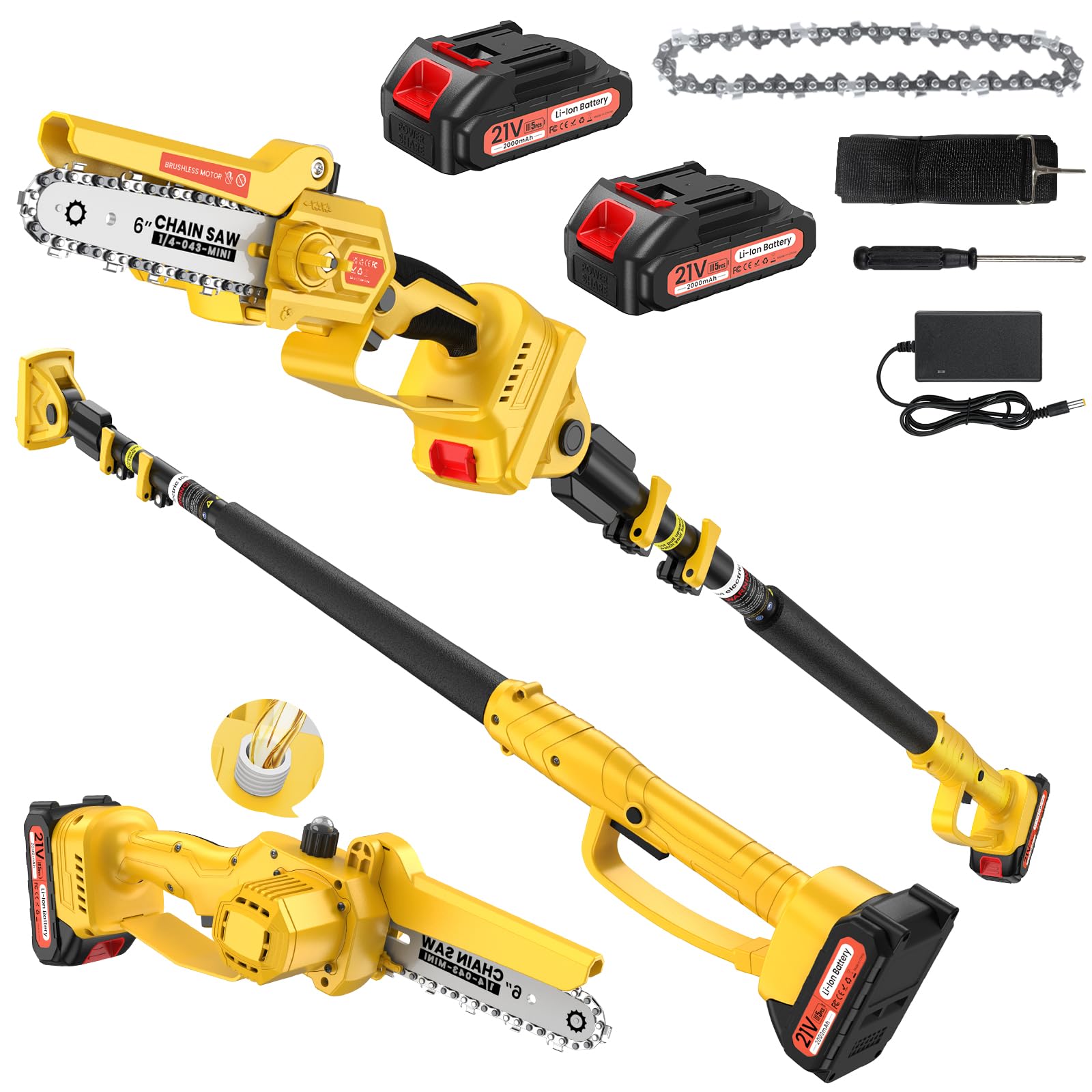 2-in-1 Electric Pole Saws for Tree Trimming, 6 Inch Mini Chainsaw Cordless with Extension Pole, Battery Powered Pole Chain Saw, Tree Trimmer Limb Branch Cutter Pruner with 2 Battery-image-45