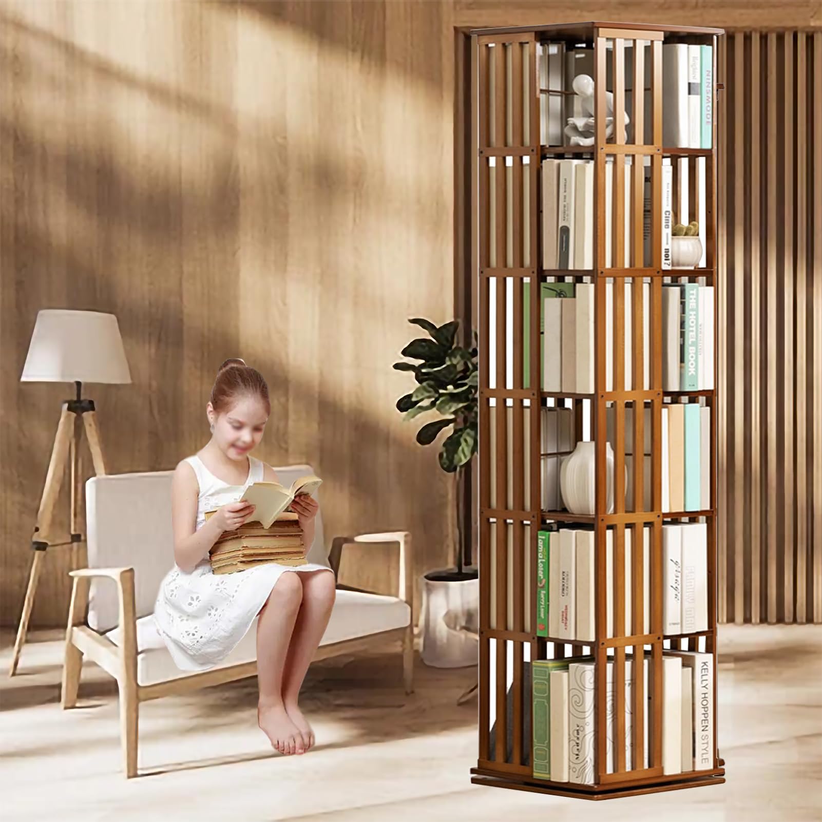 Libreria girevole in bambù a piani girevole a 360° con vetrina angolare, scaffale per libri e decorazioni, scaffale per bambini e adulti, libreria multifunzionale (6 strato)