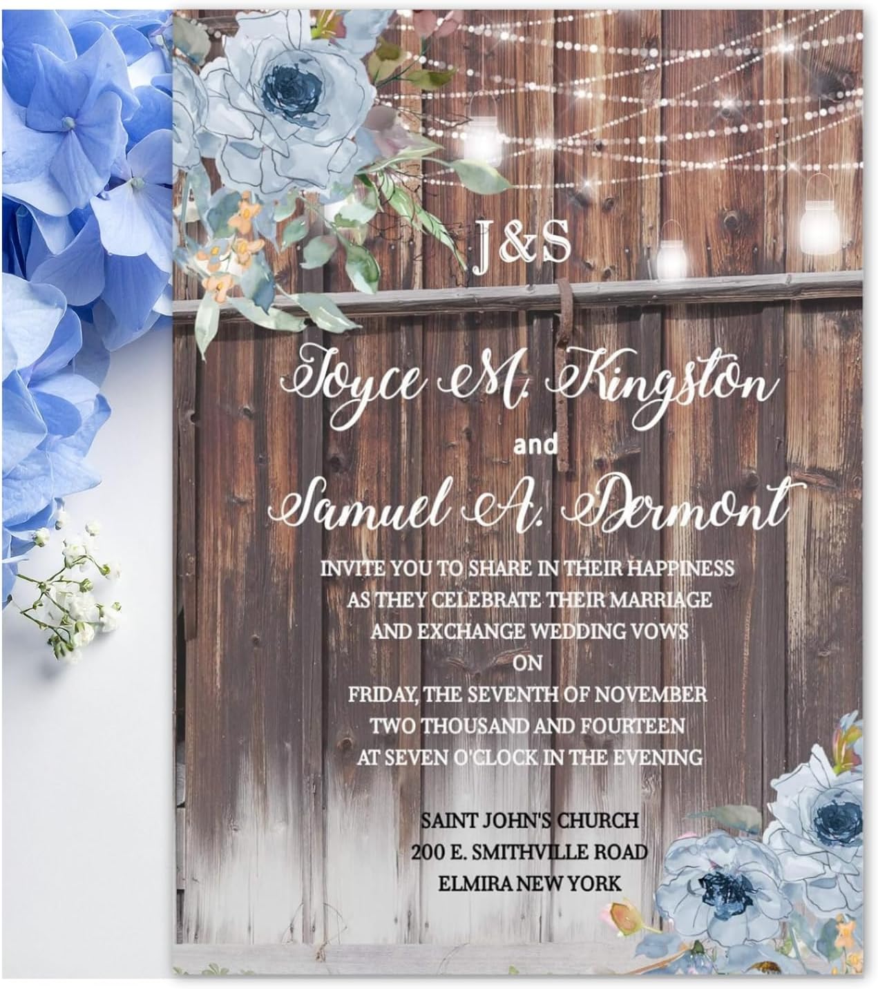 Rustic Custom Dusty Blue Rose Glossy Thick Personalized Set of 15 Wedding Invitations With Envelopes, Country Weddings and Anniversary Event