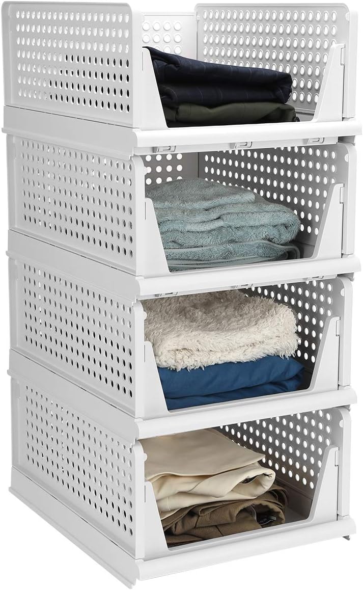Hossejoy Set of 4 Stackable Wardrobe Storage Box, Plastic Drawer Organizer, Foldable Clothes Shelf Baskets, Folding Containers Bins Cubes, Perfect for Kitchen, Office, Bedroom & Bathrooms(White)