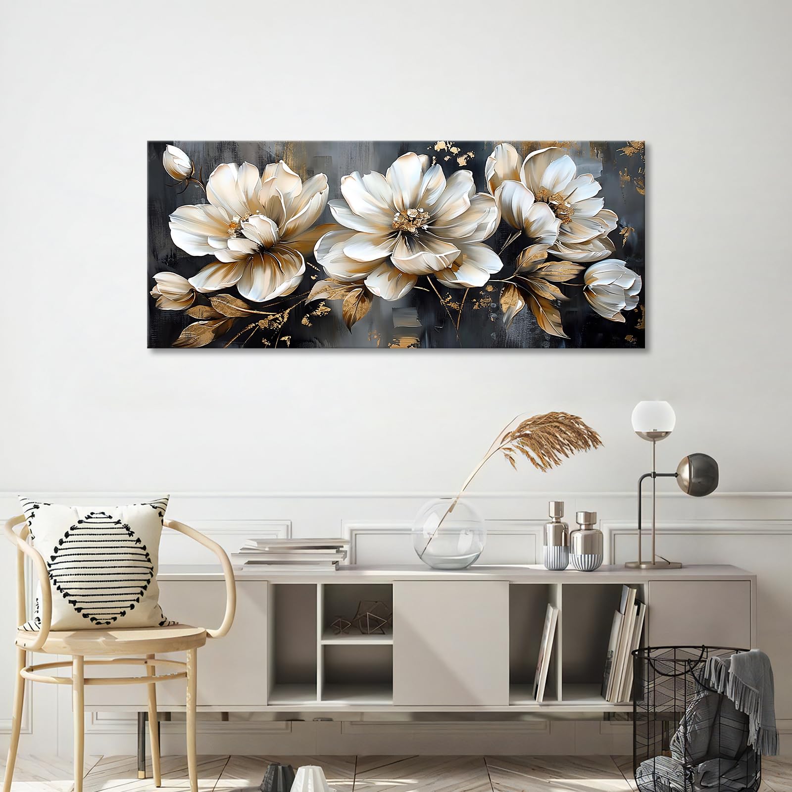 Mit Rahmen Leinwand Bilder Beige Pfingstrosen Blumen Bild auf Leinwand Malerei Poster Kunstdrucke Graue Goldene Blätter Bild Wandbilder Heim Restaurant Wohnzimmer Schlafzimmer Wanddekoration 50x120cm