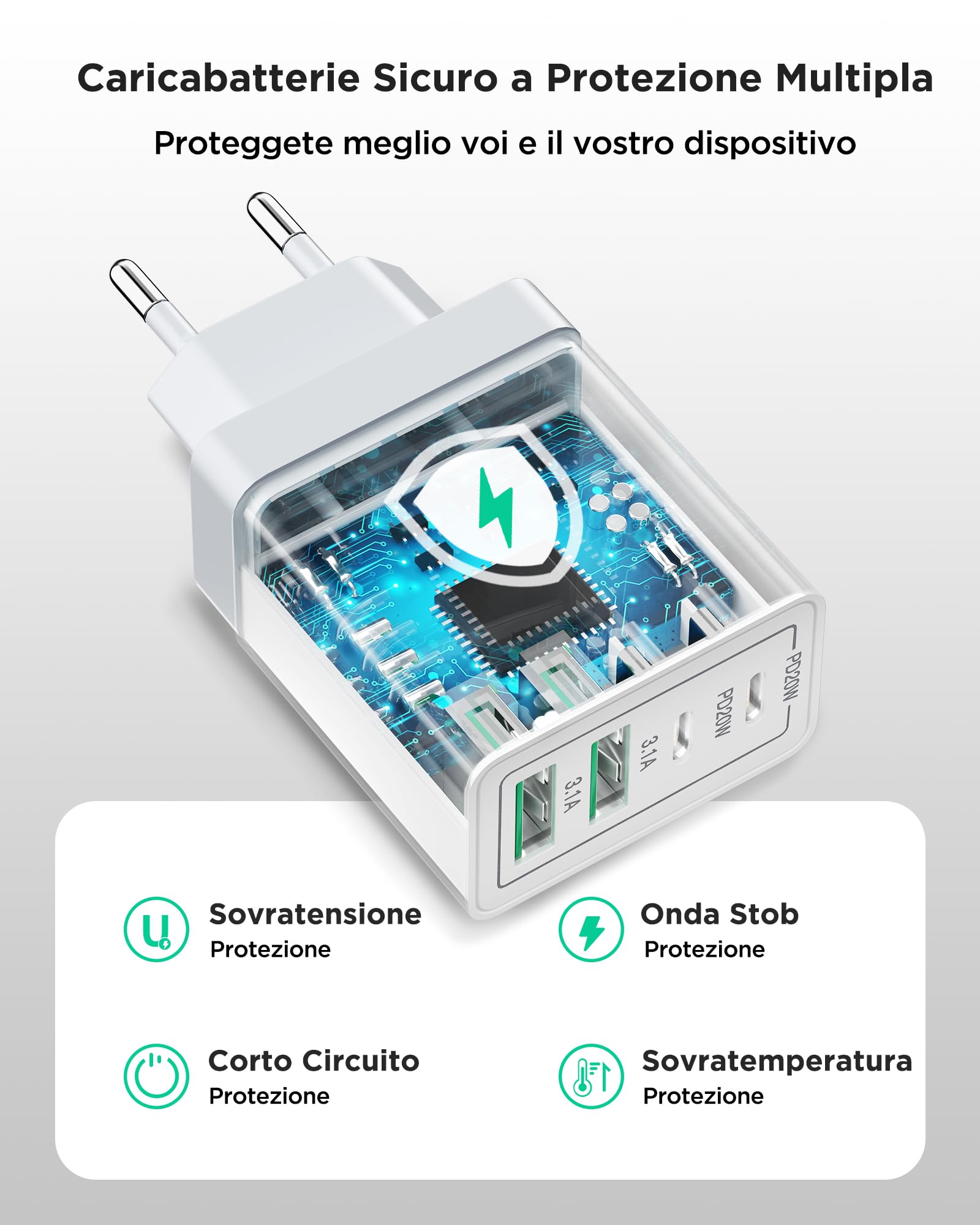 2 Pack Caricatore USB C,40W 4Porte Presa USB Multipla Spina USB Ricarica,Muro Caricabatterie Rapido per Samsung S24 S23 iPhone 16 15 14 13 12 11 Pro Max XS iPad,Carica Rapida Alimentatore Adattatore