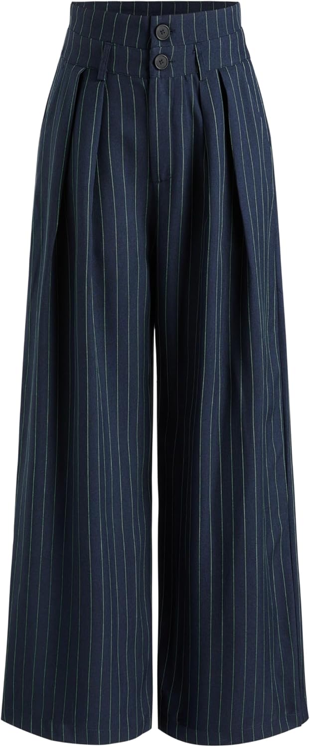 CIDER Womens Pants Striped Pleated Wide Leg Trousers Office Business Casual Mid Waist Button Pants for Women