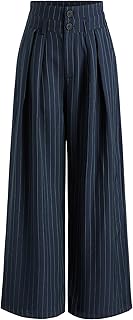 Womens Pants Striped Pleated Wide Leg Trousers Office Business Casual Mid Waist Button Pants for Women