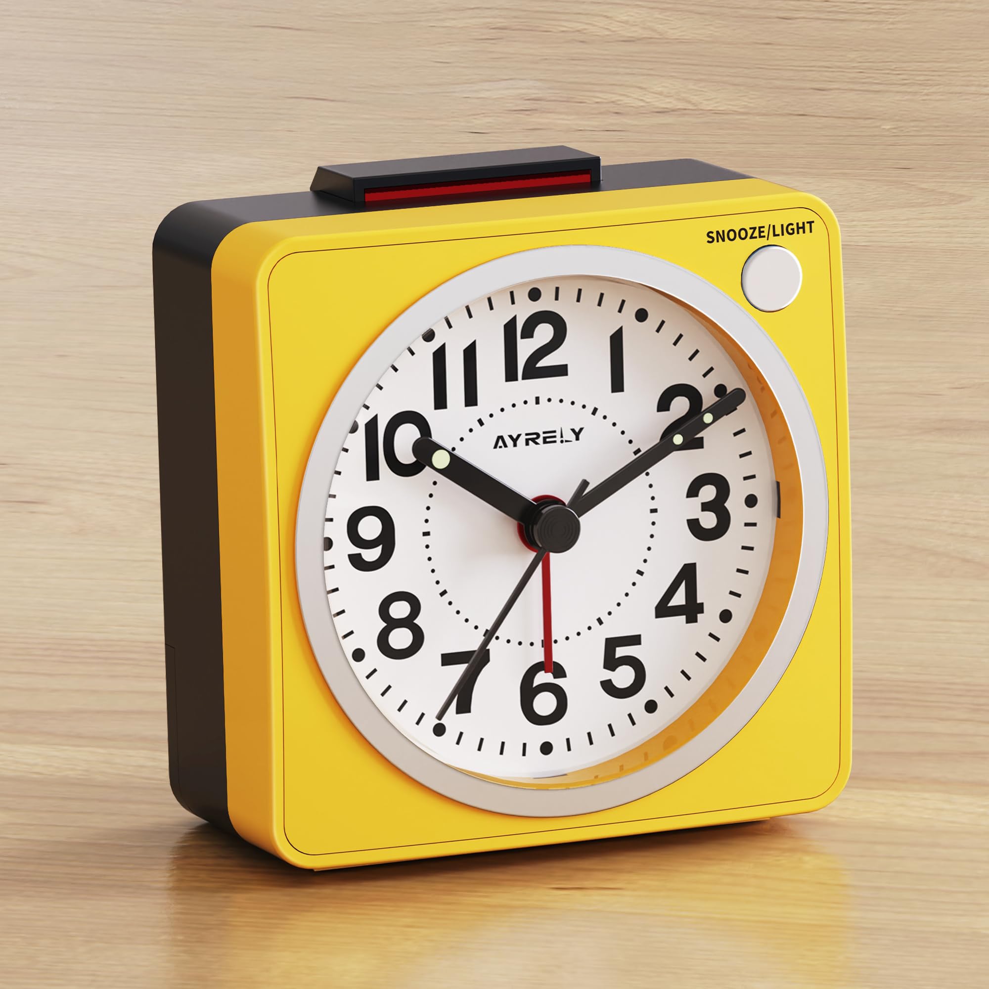 AYRELY® 6.6×3.5cm Ultra Small Analogue Travel Alarm Clock, Silent Non-Ticking, Battery Operated with Snooze & Light, Easy Top Alarm Switch, Compact Bedside Table Clock (Yellow)