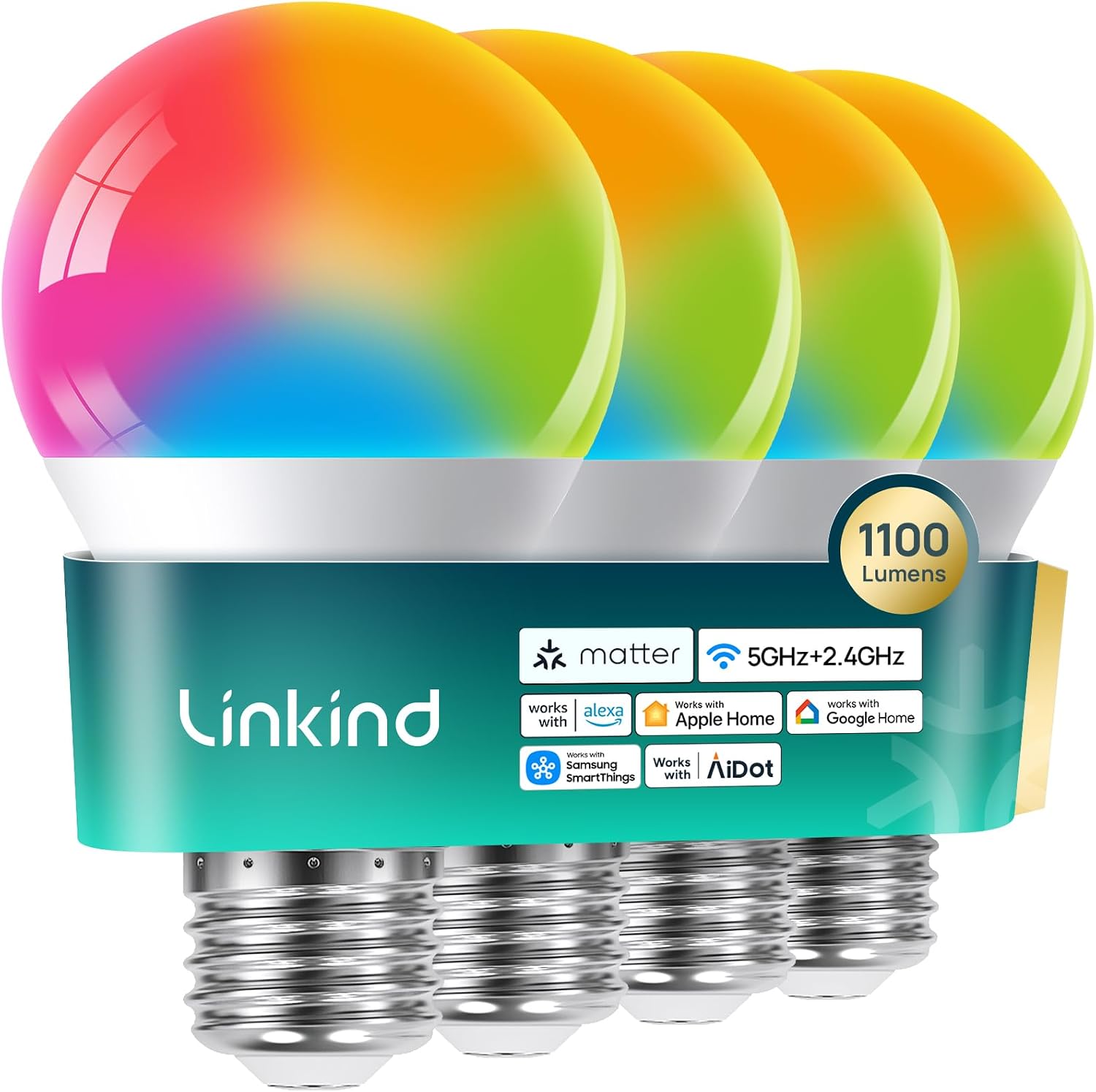 Matter Smart Bulbs 5GHz, Compatible with Alexa/Apple Home/Google | UltraColor 1100LM Color Changing Light Bulbs, 1000-20000K, Music Sync, Dotis AI, A19 2.4G & 5G WiFi 6 Bluetooth, 4Pack