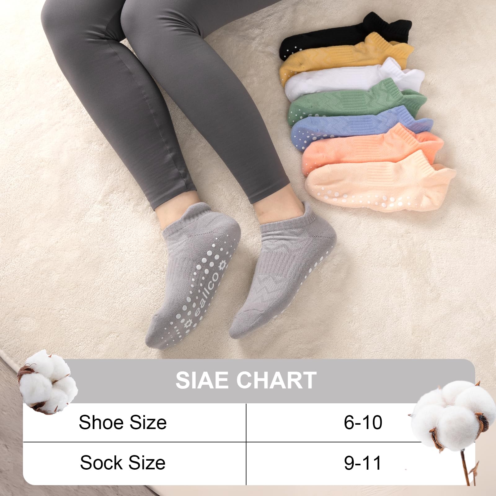 eallco Pilates Socks with Grips for Women Non Slip Yoga Grippy Socks for Barre Barefoot Hospital Workout Cushioned 5 Pairs