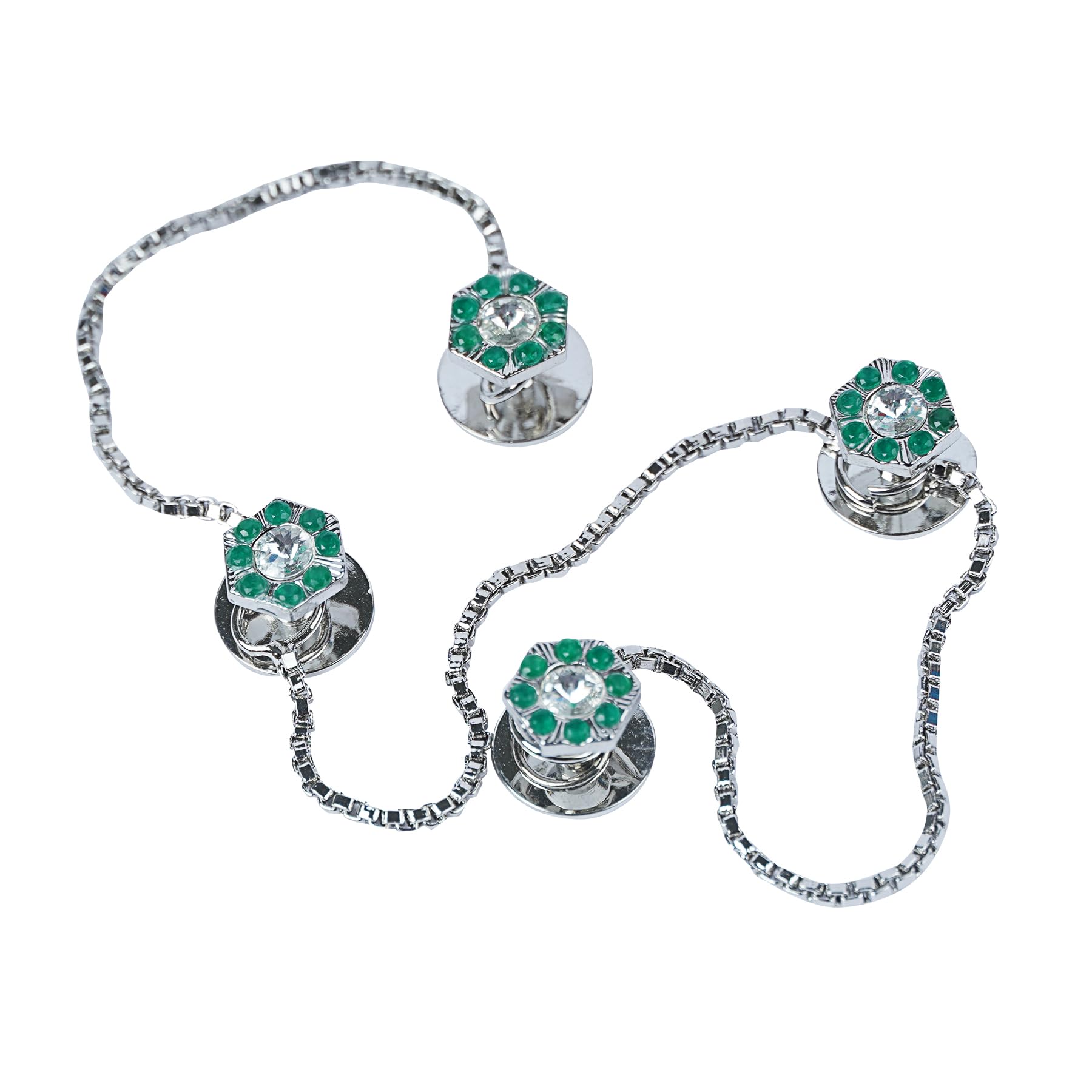 Epraiser Silver Plated Hexagon Designer Green Emerald Gemstone Diamond Fancy Traditional Ethnic Kurta Buttons for Men-image-19
