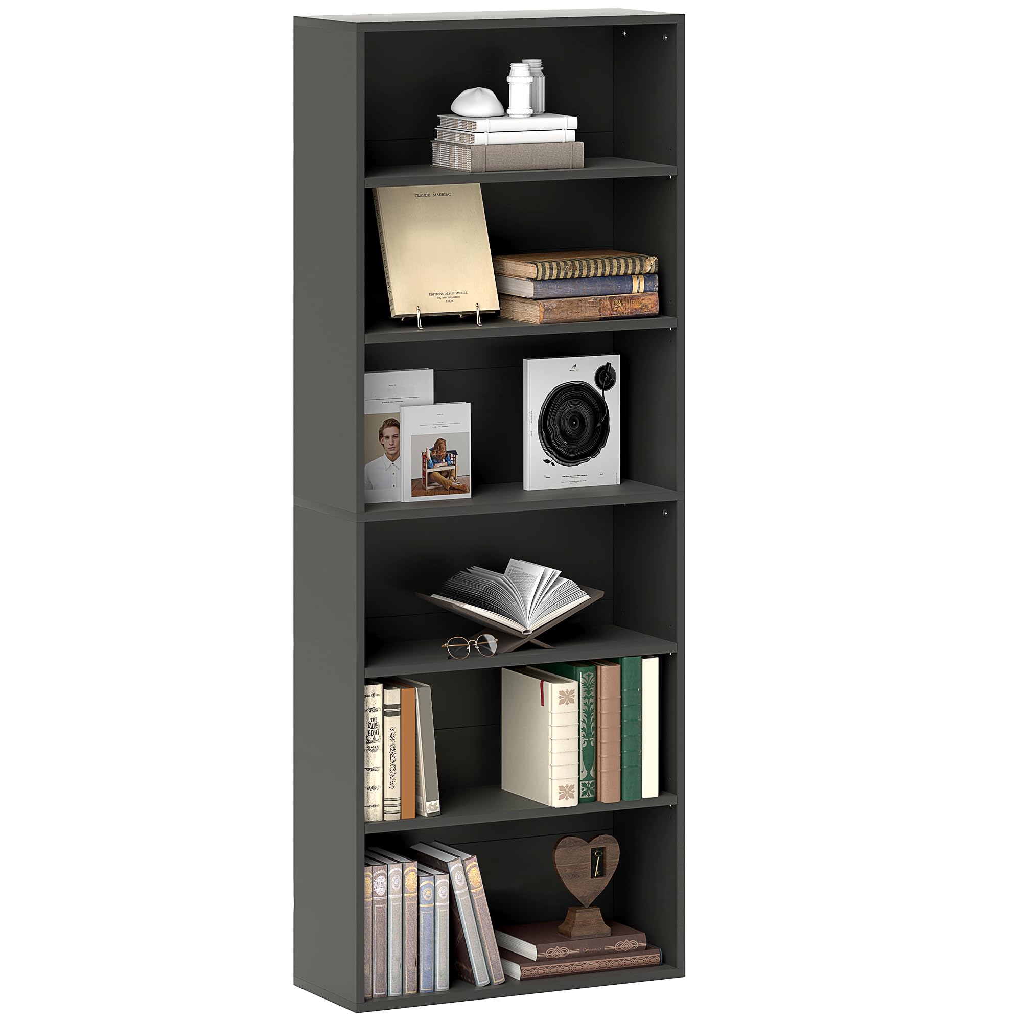 HOMCOM Bibliothèque Étagère de Rangement 60x24x158,5cm Noir | Avec 6 Compartiments, Étagère Réglable, Meuble de Rangement, pour Bureau, Salon, Chambre