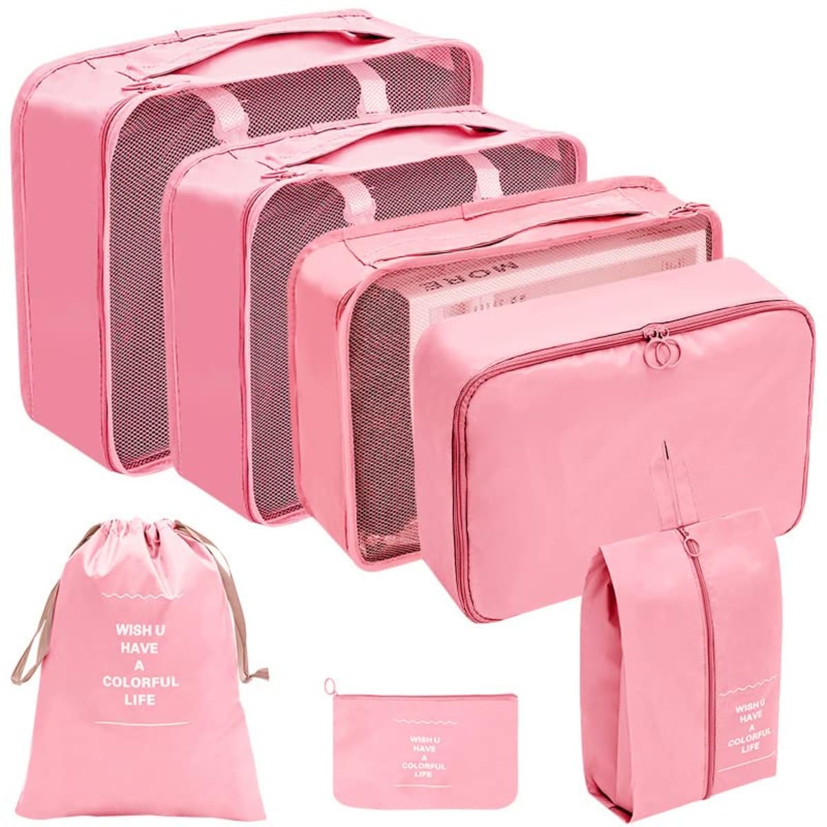 GELIMY Packing Cubes for Suitcase, 7PCS Travel Cubes Luggage Organiser Waterproof Travel Compression Suitcase Bag Travel Essential Bag (PINK)