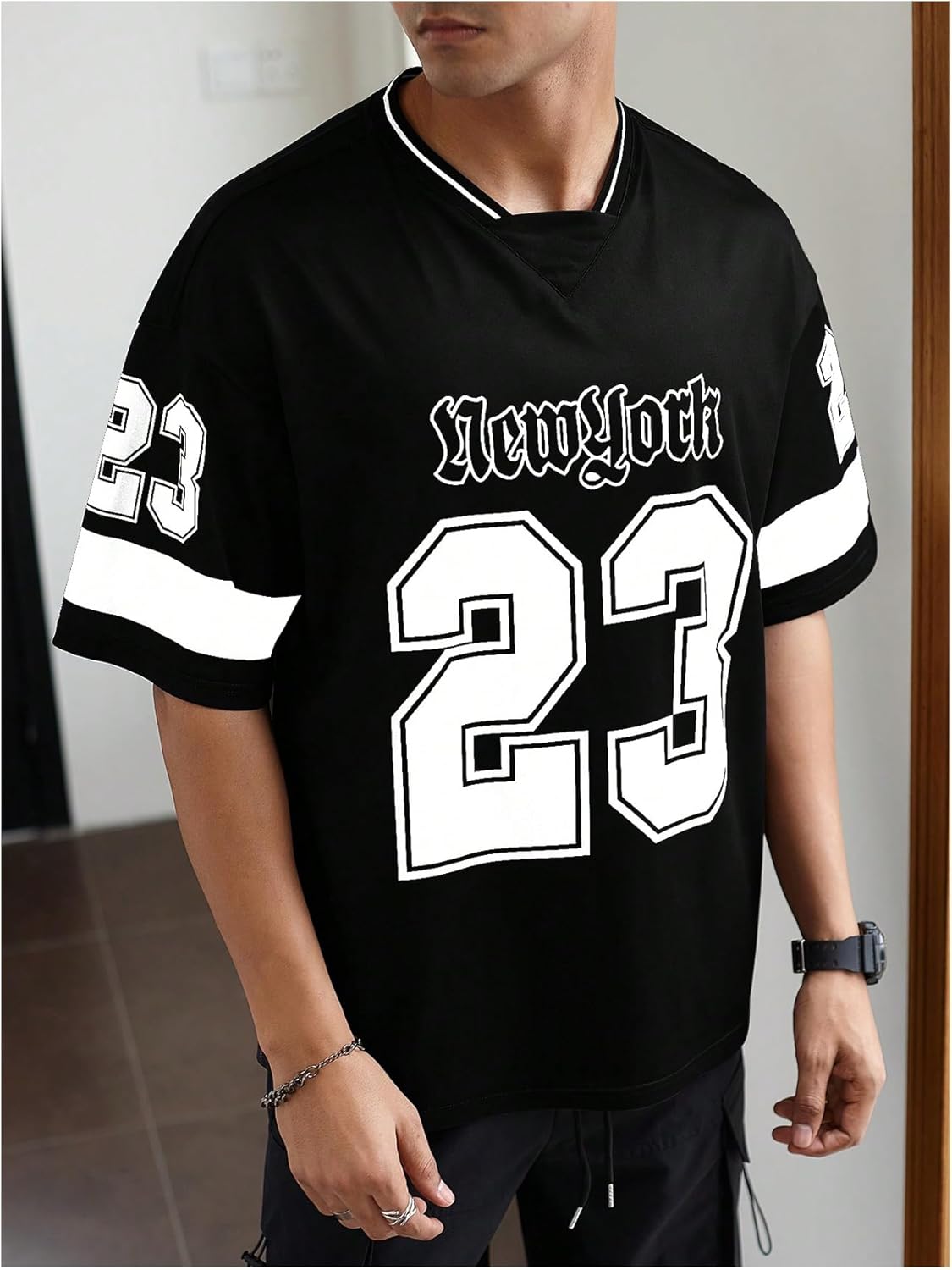 GORGLITTER Men's Letter Graphic Oversized Jersey Shirts Short Sleeve Tee Streetwear Tops - Image 6