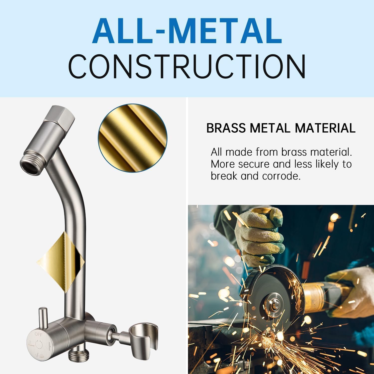 G-Promise All Metal Shower Diverter with Low Handheld Holder and 13 Inch Curved Adjustable Shower Head Extension Arm and 6-Inch Shower Arm with Flange, 3-Way Diverter Valve with Pause Mode