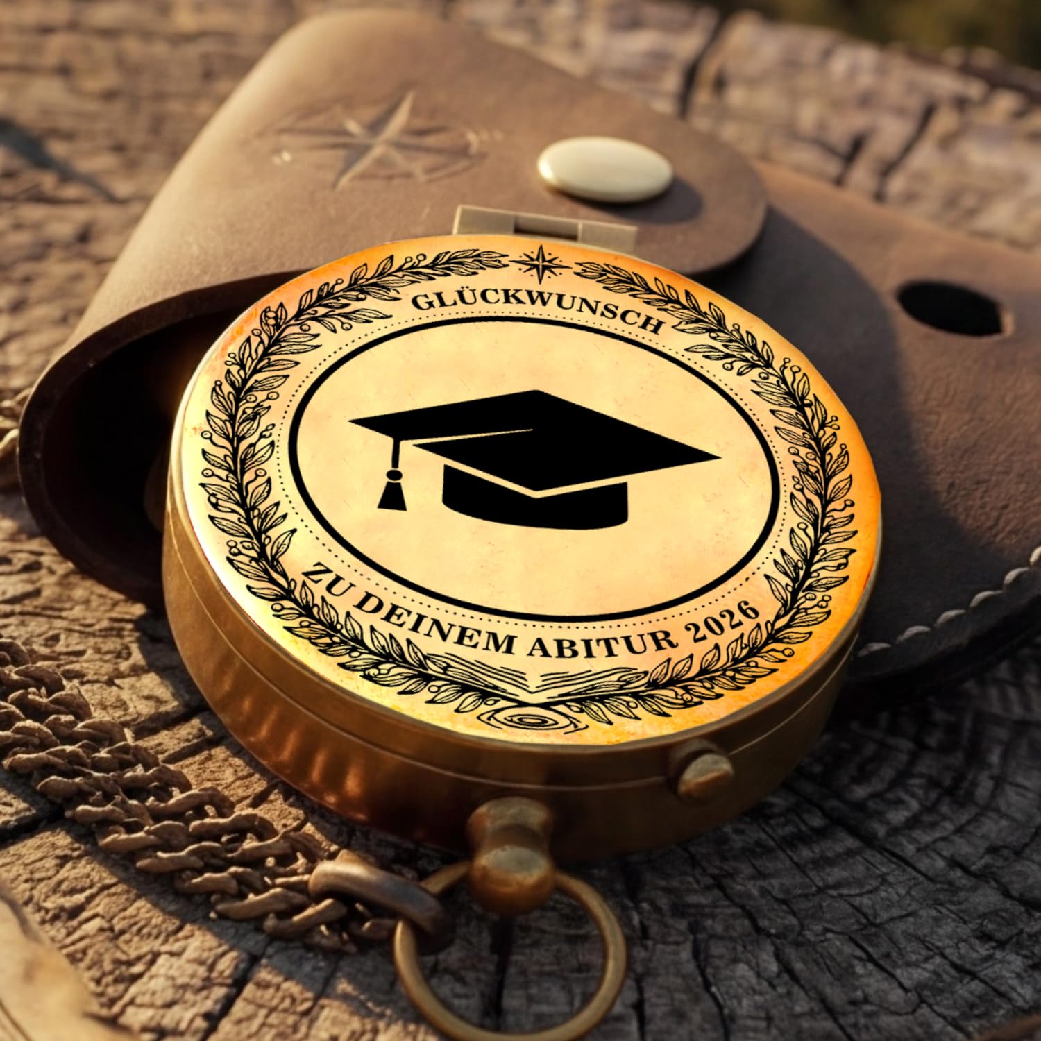 Personalisierter Messing Kompass zum Abitur – 9 Designs zur Auswahl – Wunschgravur auf Innenseite – In Poliert oder Vintage-Optik Schulabschluss Abi 2026