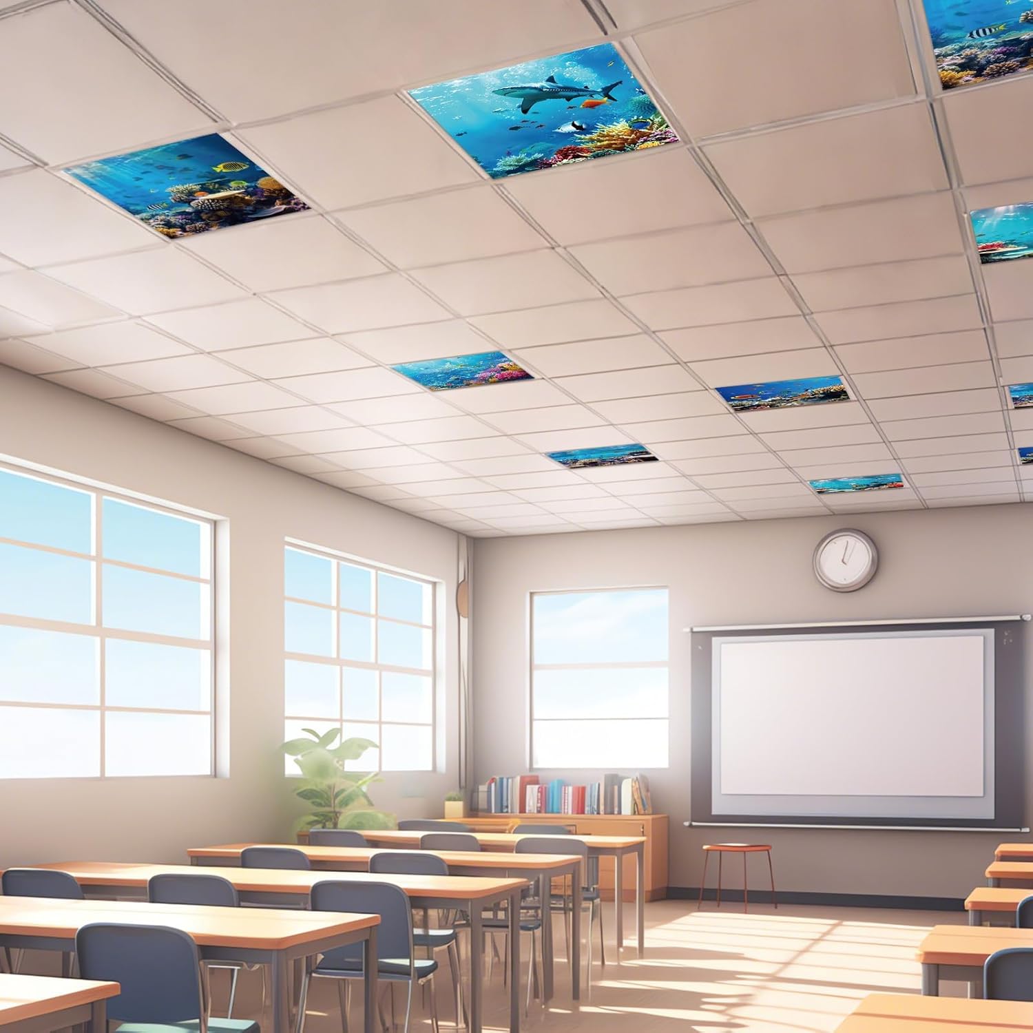 8 Pcs Fluorescent Light Covers with 64 Magnets Decorative for Classroom Ceiling Light 2 x 2 Feet Magnetic Light Covers Filter Easy Install for Office Hospitals & Home Drop Ceiling Supplies （Ocean）