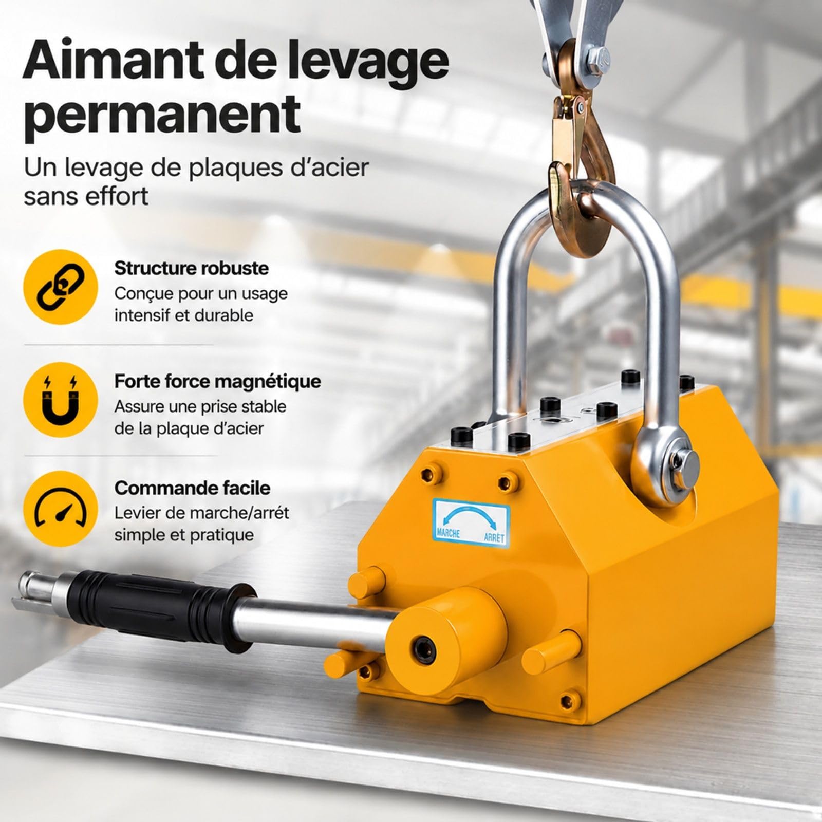 Aimant de levage permanent 600 kg avec poignée de déverrouillage et crochet en acier pour tôle et pièces métalliques