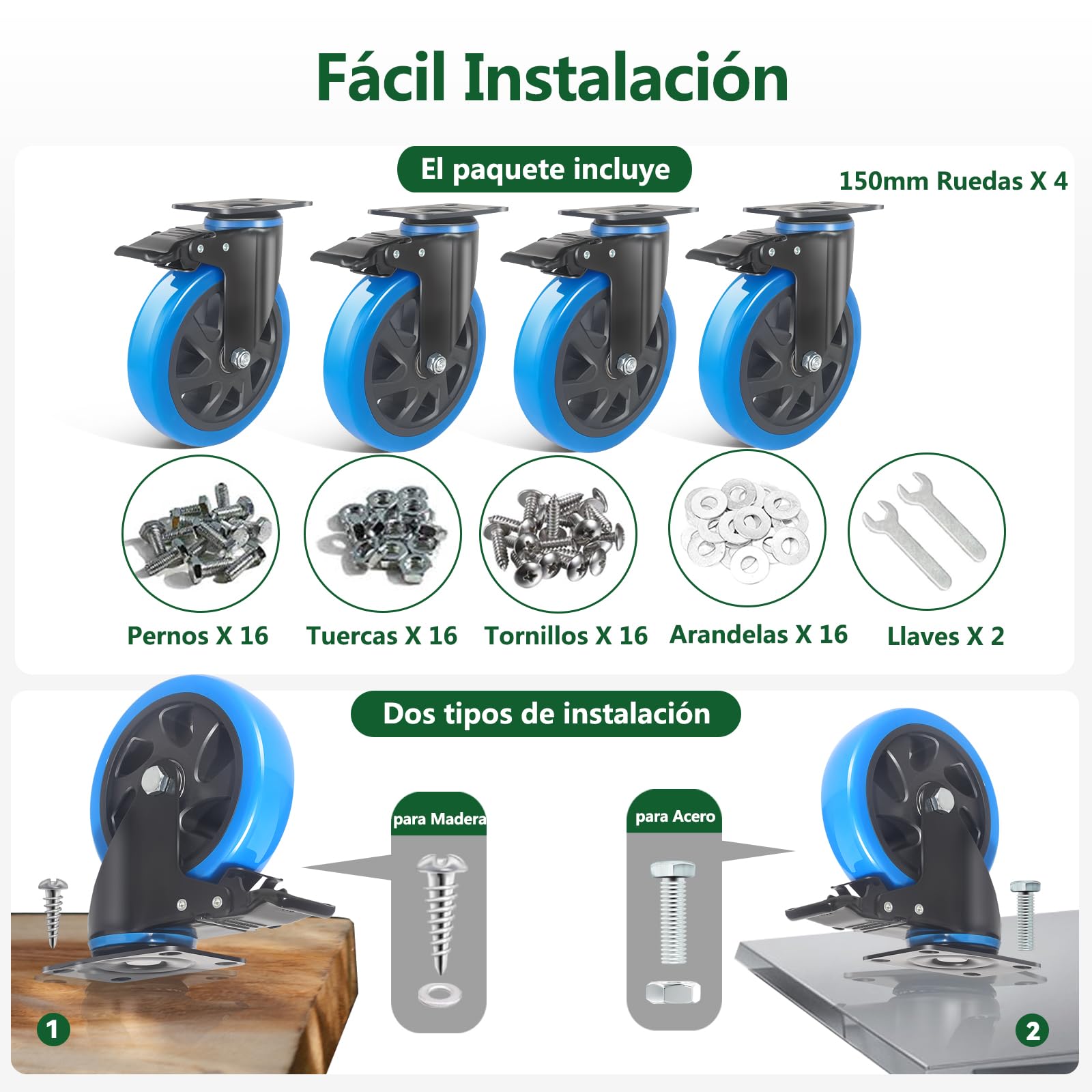 Ruedas para Muebles Pesados 150mm con Freno, Set de 4 PU Ruedas Giratorias Hasta 1000kg, 360 Grados Ruedas para Mover Muebles, Carros, Equipamiento